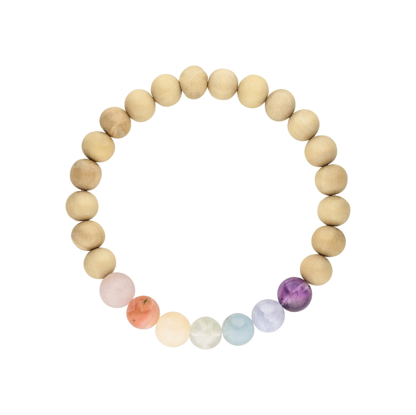 Chakra Armband aus Sandelholz Perlen und sieben Edelsteinen in Pastellfarben.