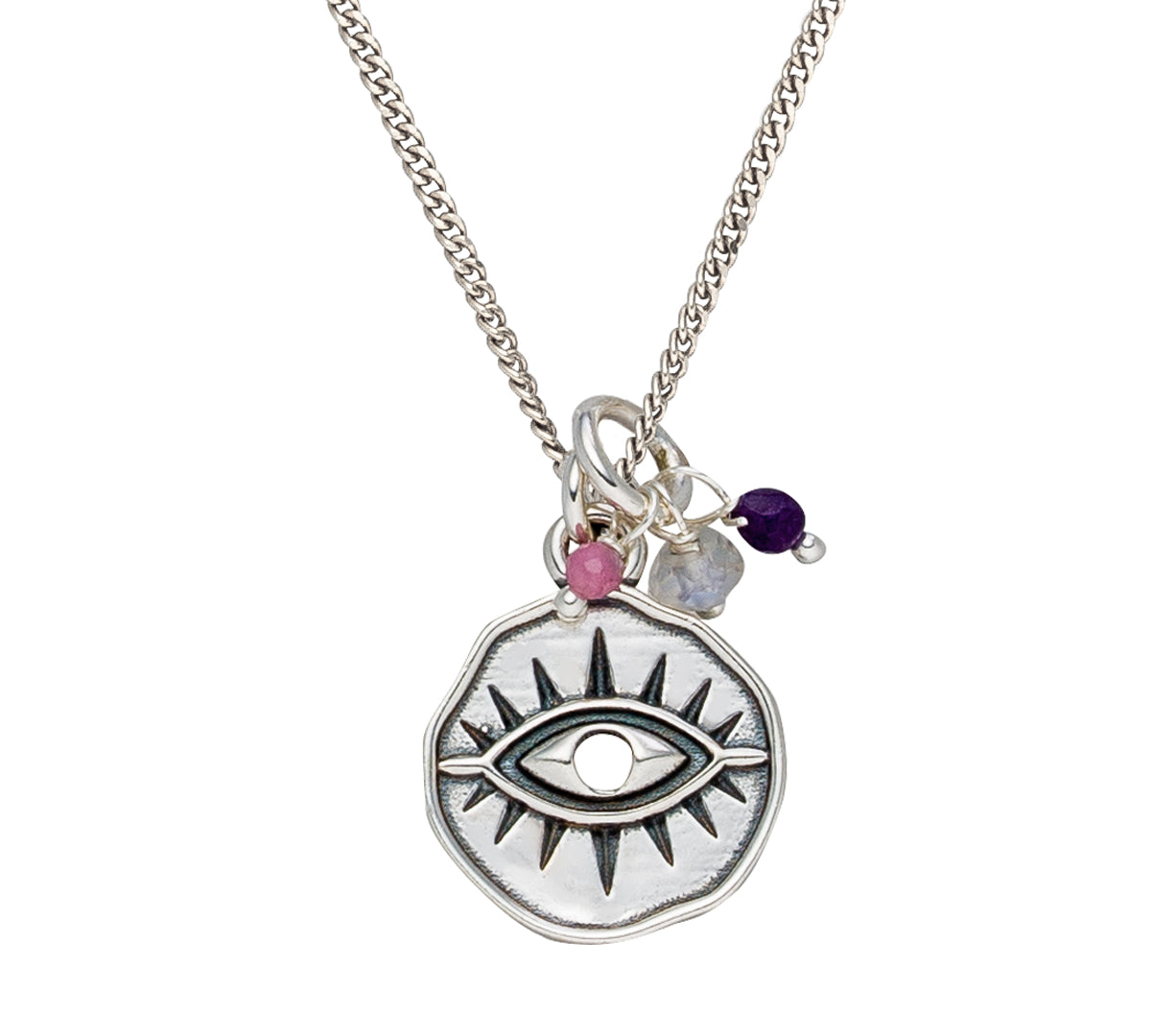 Kette Auge aus 925 Silber mit Auge Amulett als Schutzanhänger und Edelsteinen. 45 cm lang.