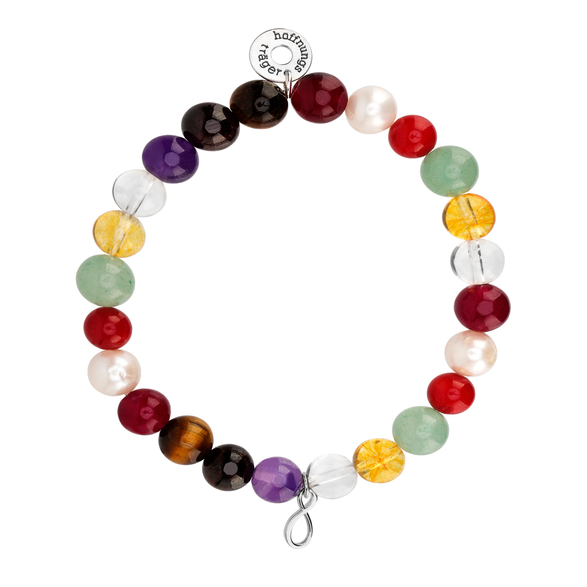Edelstein Armband mit silbernem Unendlichkeits-Anhänger.