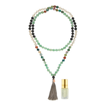 Traditionelle Mala Kette mit Achat, Mondsteinen und Lavasteinen. Sandelholz Öl zum Einreiben der Lavasteine. 100 cm.