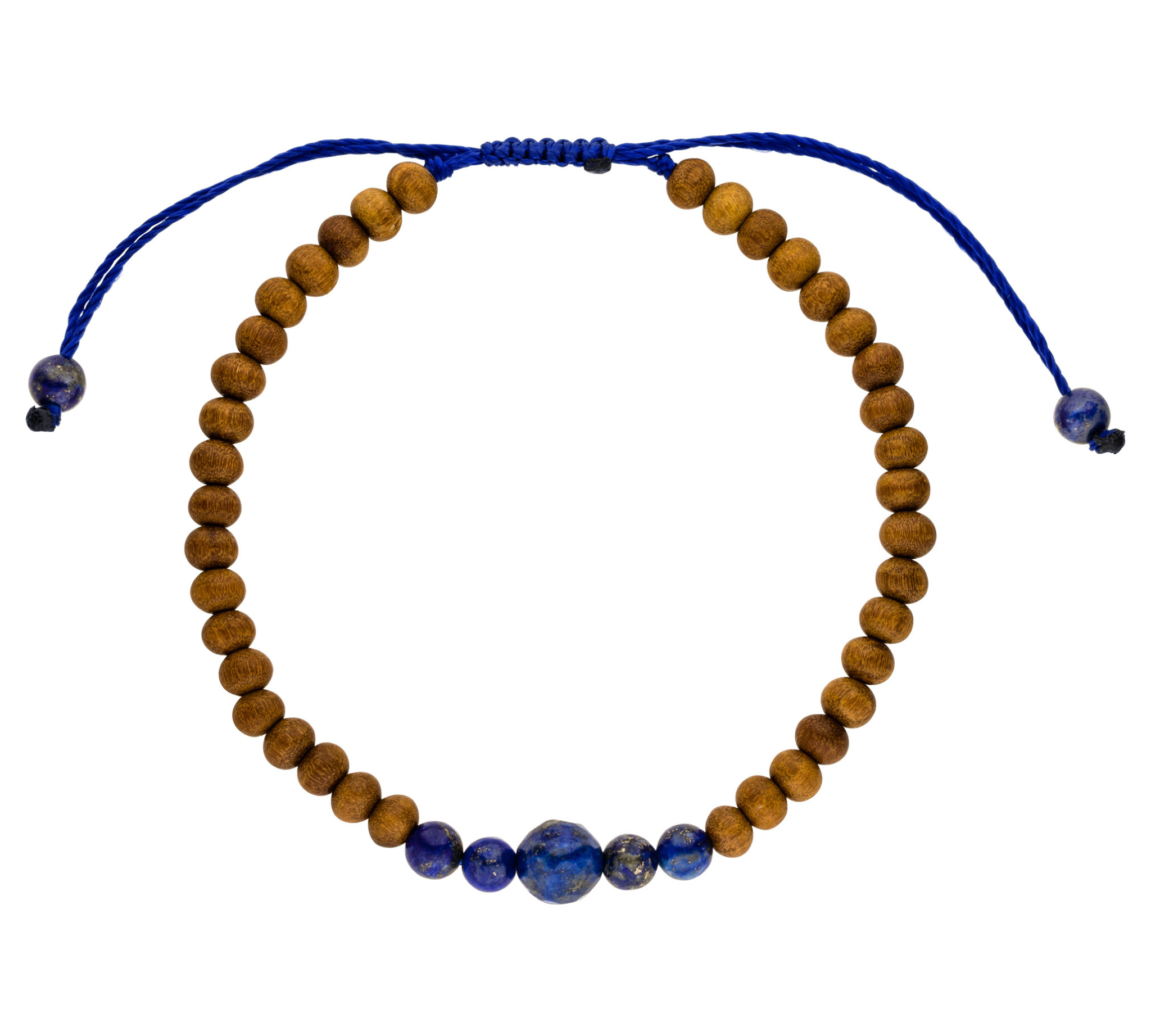 Chakra Armband Sitrnchakra mit blauen Lapislazuli Steinen und beruhigenden Sandelholz Perlen. Einheitsgröße. 