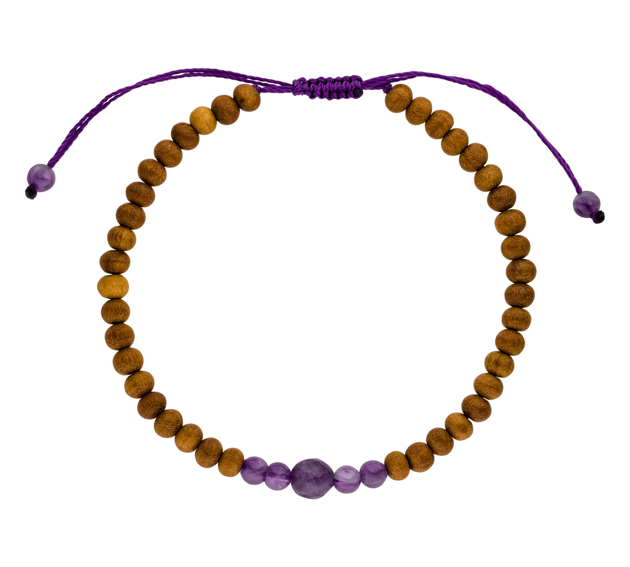 Chakra Armband Kronenchakra mit lilafarbenen Amethyst Steinen und zarten Sandelholz Perlen. Einheitsgröße.