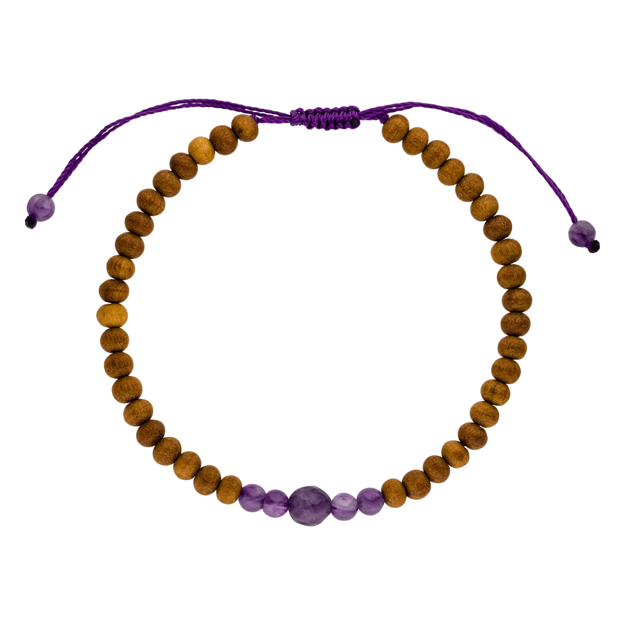 Chakra Armband Kronenchakra mit lilafarbenen Amethyst Steinen und zarten Sandelholz Perlen. Einheitsgröße.