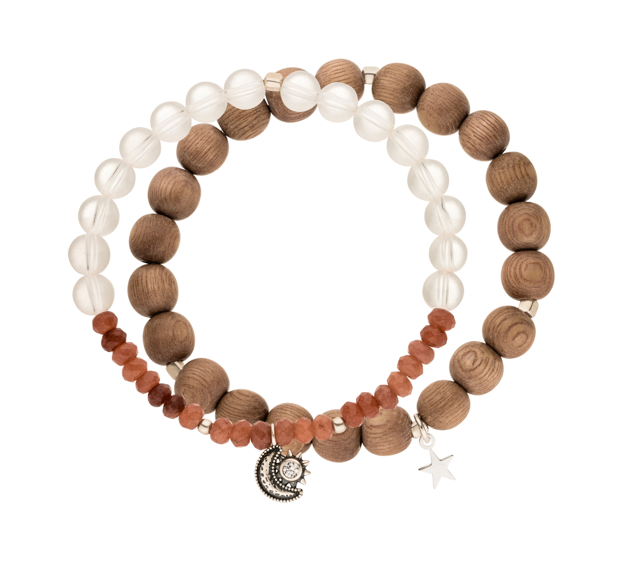 Armbandset aus Bergkristall, Achat und Vintage-Holz: Licht, Tiefe und Erdung im Einklang. Mit Sonne-Mond-Symbol für Balance, Intuition und innere Stärke.