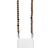 Crossbody Handykette aus Sandelholz Perlen und Onyx Kugeln. Silberne Karabinerhaken. 140 cm lang.
