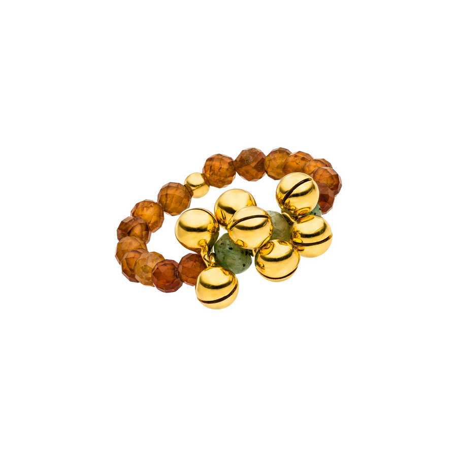 Stretch-Ring mit Granat und grünen Achat Edelsteinen und goldenen Kügelchen. Healing Ring.