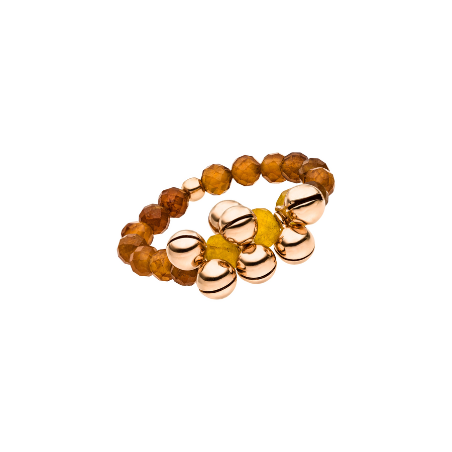 Edelstein Stretch-Ring aus Granat und gelben Achat mit rosévergoldeten Kügelchen.