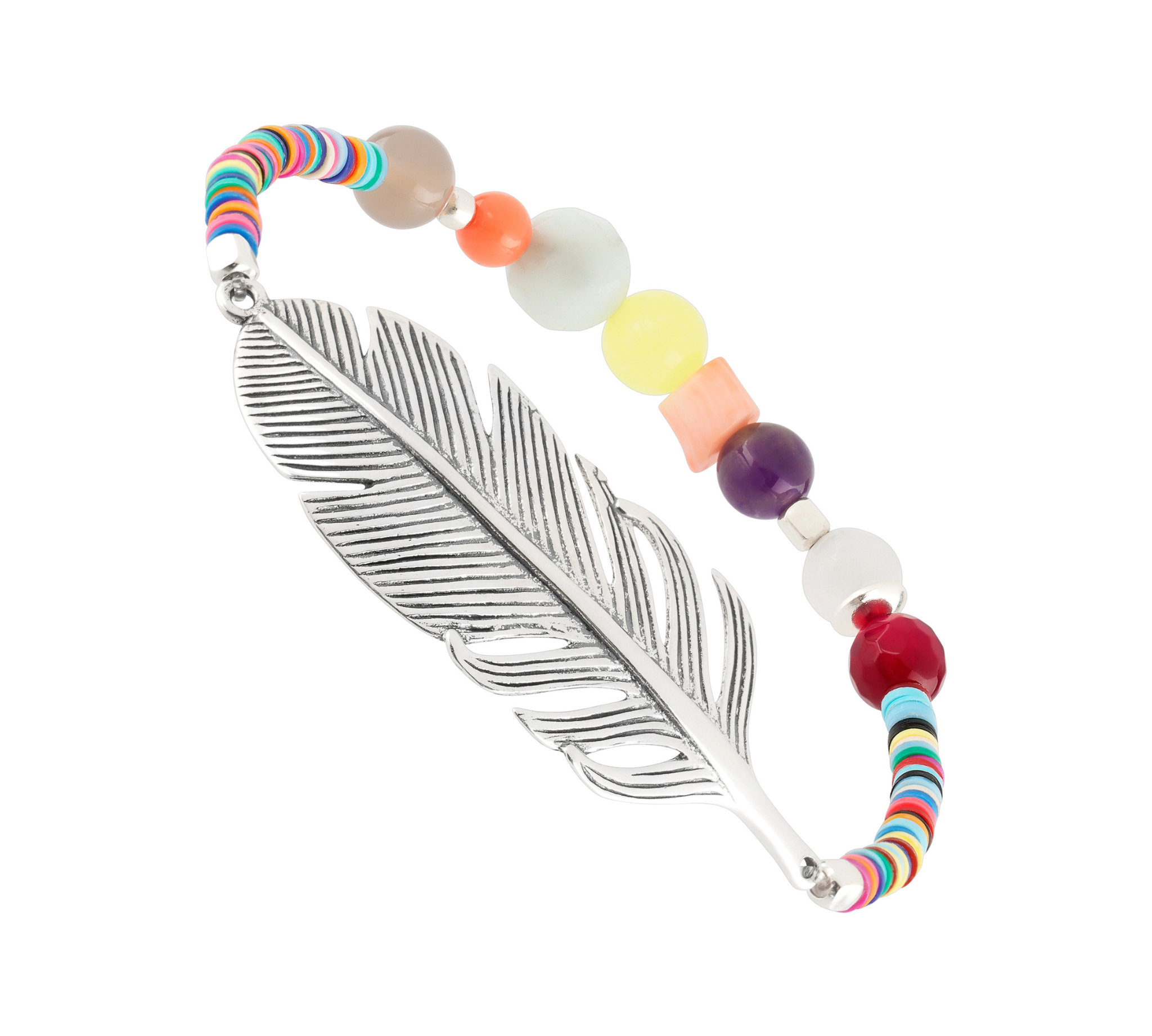 Feder Armband Silber mit recycelten Plastik Perlen und bunten echten Edelsteinen,