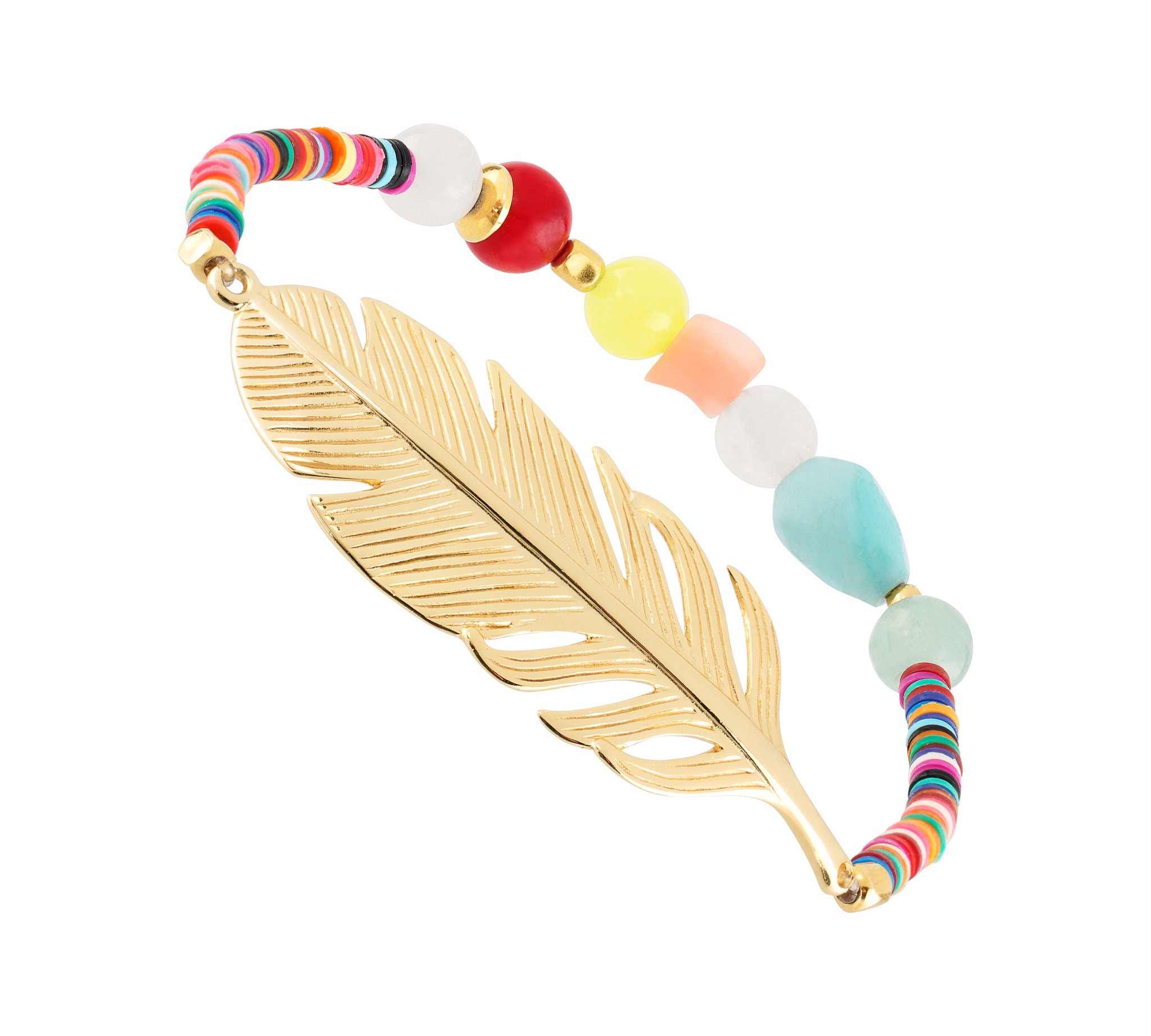 Stretch Armband Africa mit vergoldeter Feder und bunten Edelsteinen von Hoffnungsträger Hamburg.