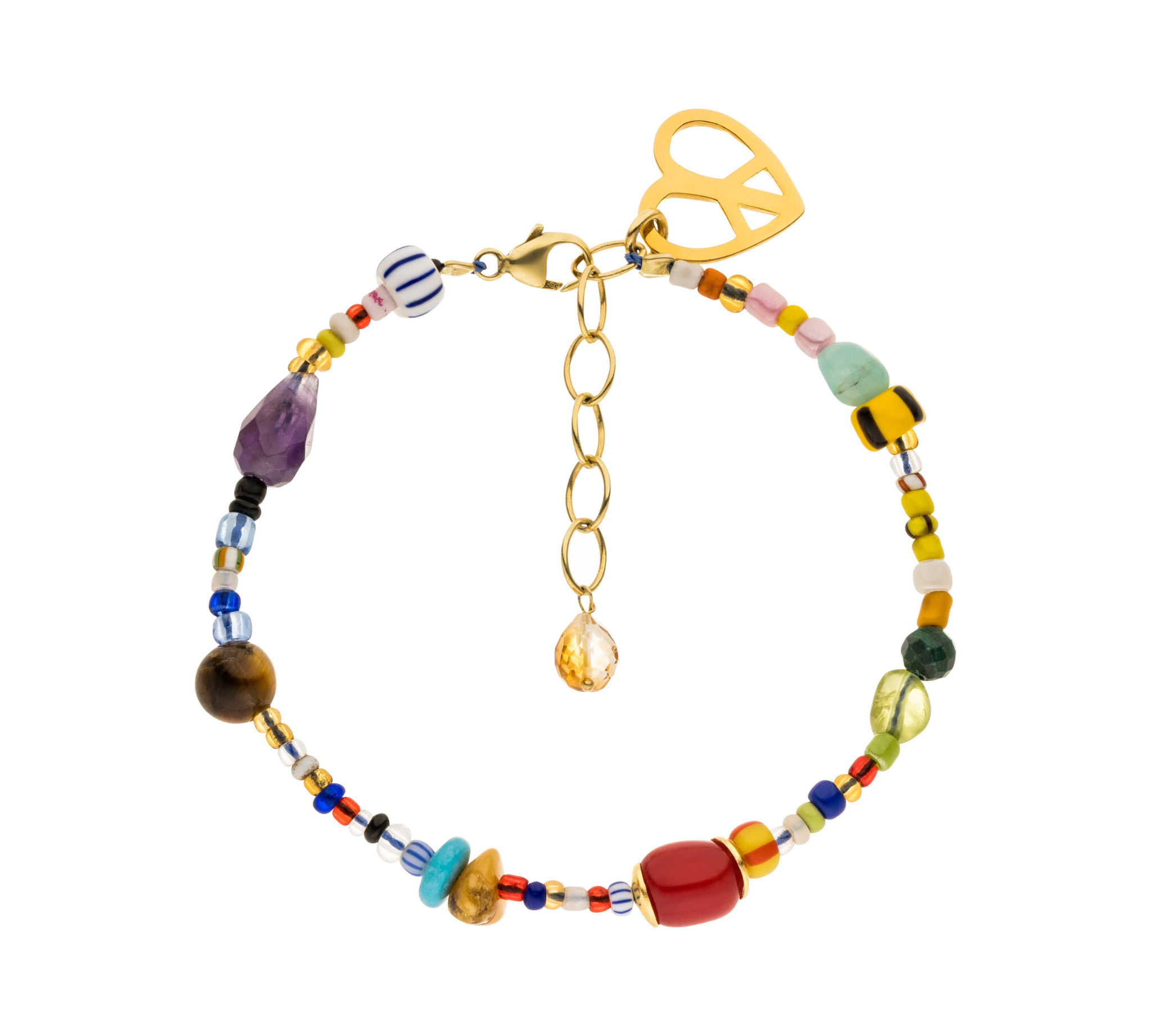 Buntes Edelstein Armband mit Citrin, vergoldetes Sterlingsilber, und Vintage Glasperlen aus Ghana. Schmuck für Freiheit, Freude und positive Energie.