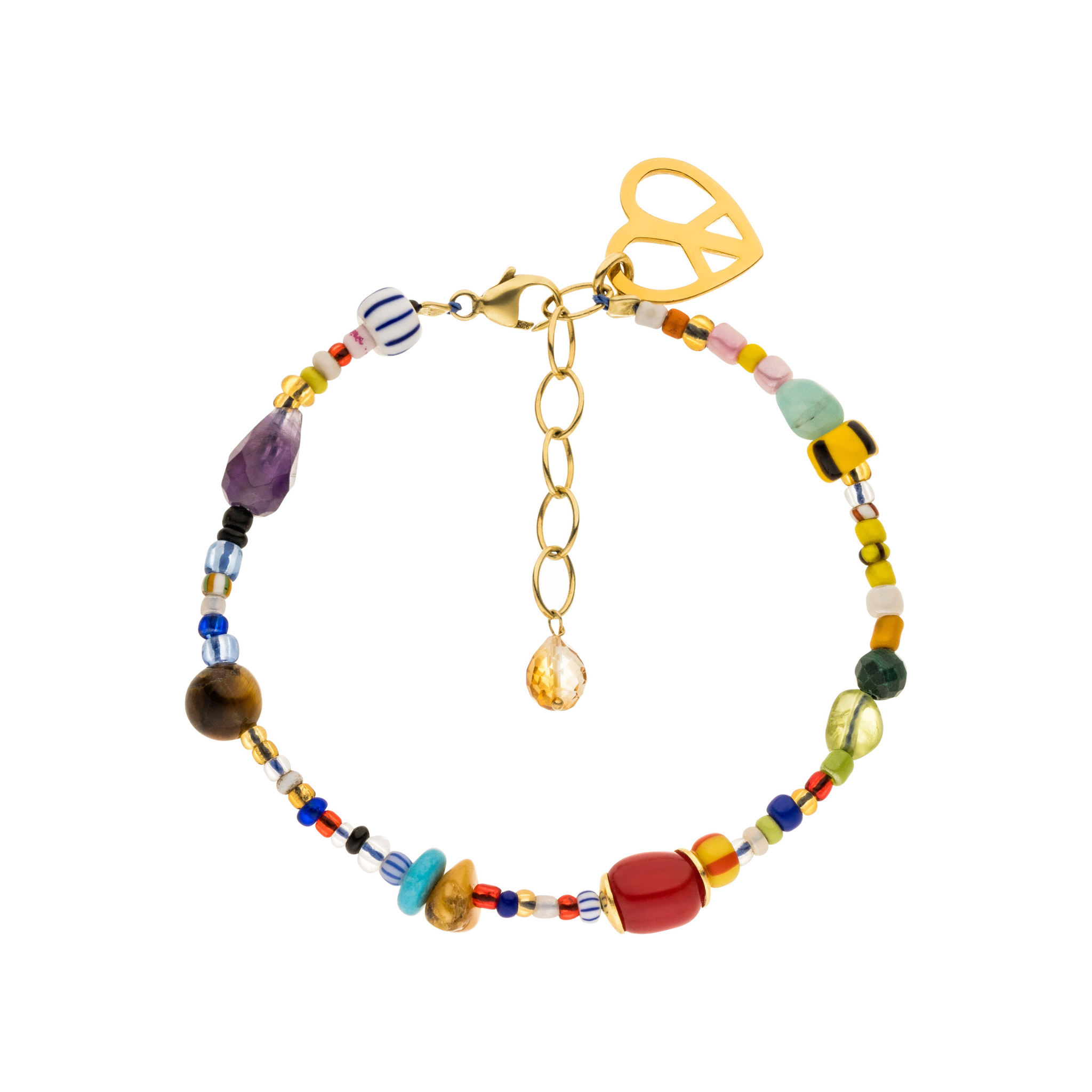 Buntes Edelstein Armband mit Citrin, vergoldetes Sterlingsilber, und Vintage Glasperlen aus Ghana. Schmuck für Freiheit, Freude und positive Energie.