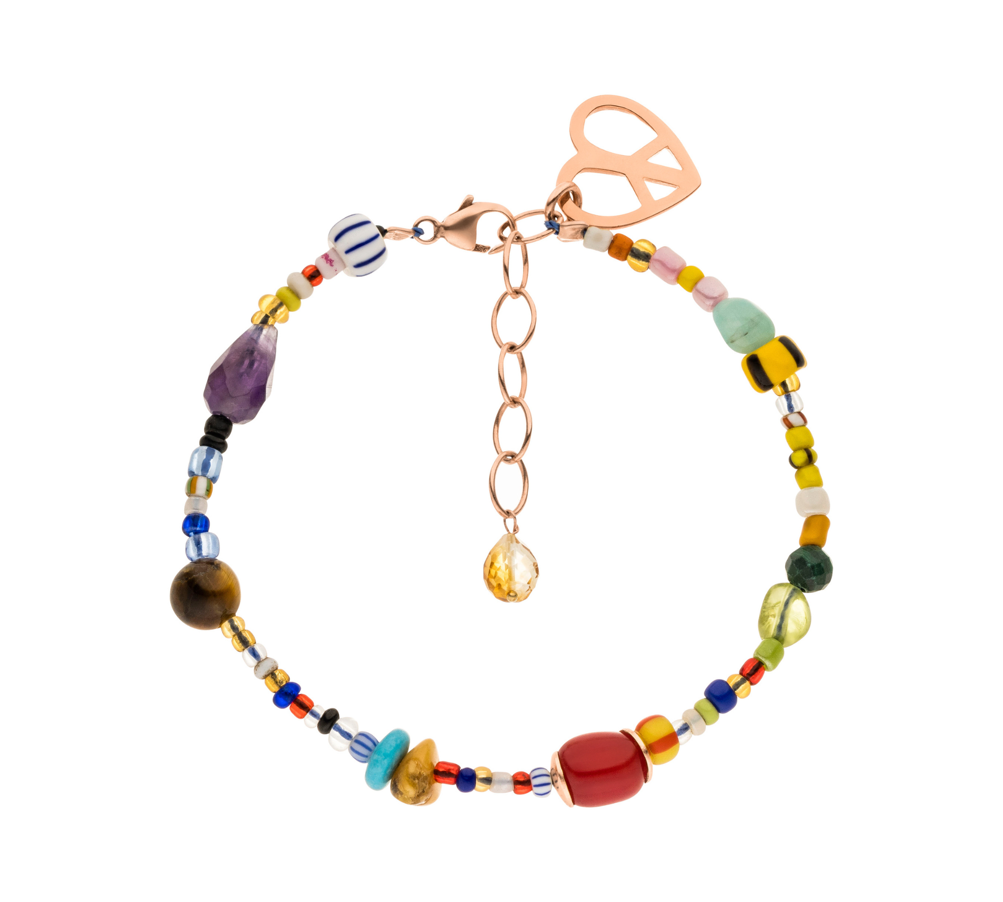 Buntes Edelstein Armband mit Citrin, Rosé vergoldetes Sterlingsilber, und Vintage Glasperlen aus Ghana. Schmuck für Freiheit, Freude und positive Energie.