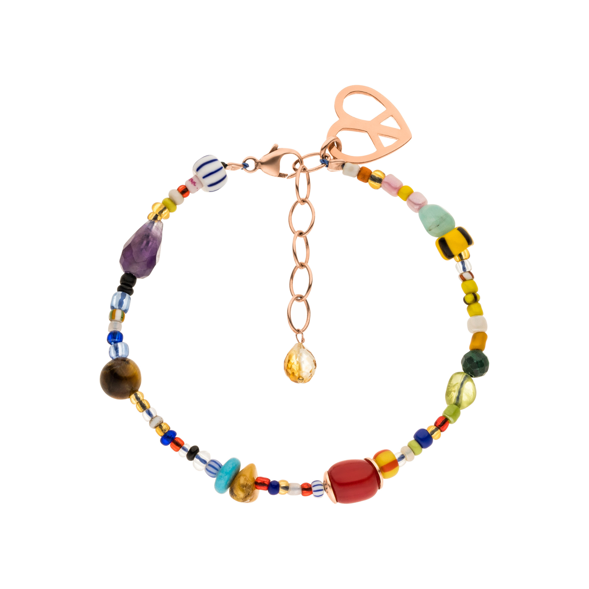Buntes Edelstein Armband mit Citrin, Rosé vergoldetes Sterlingsilber, und Vintage Glasperlen aus Ghana. Schmuck für Freiheit, Freude und positive Energie.