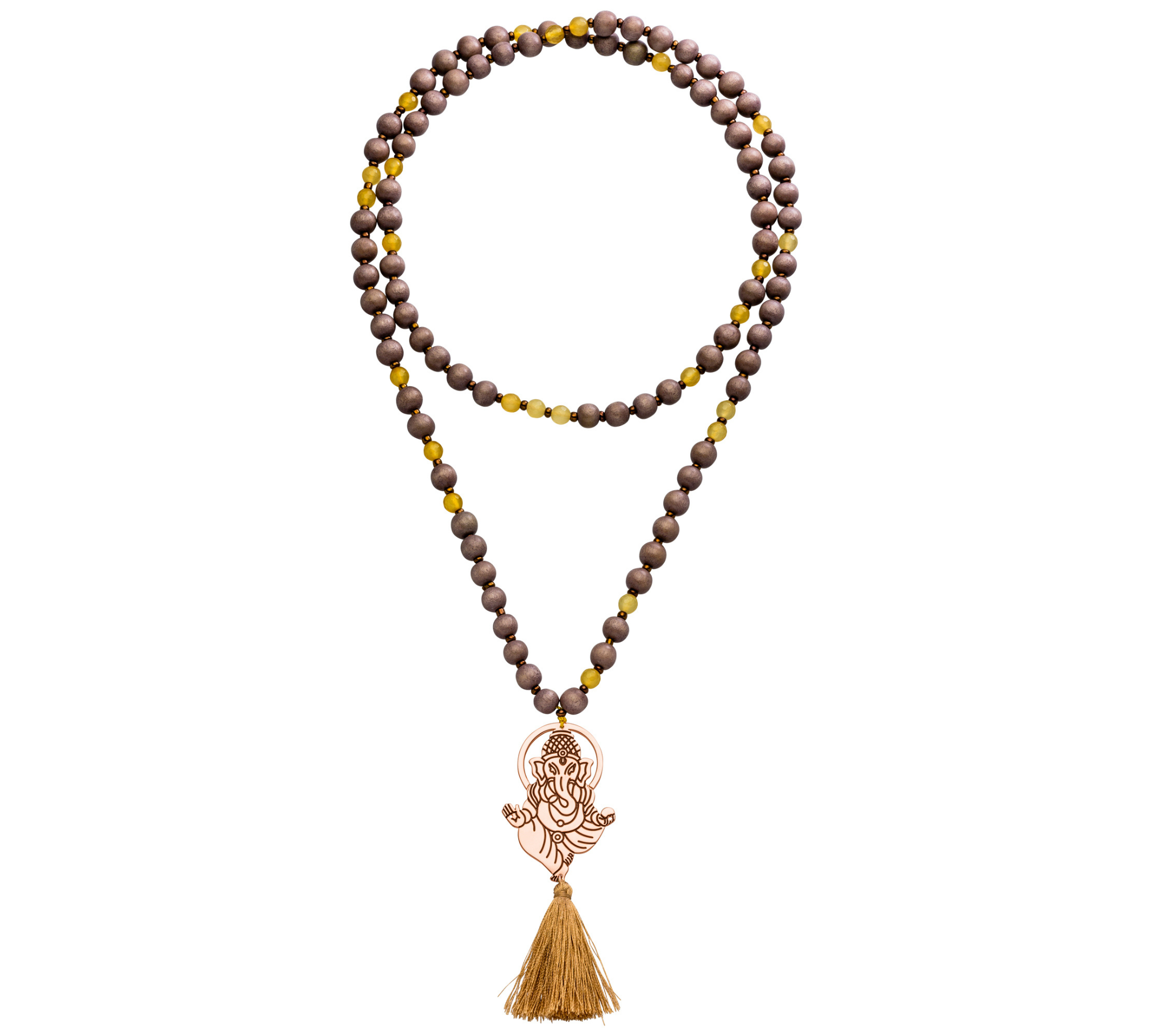 Citrin-Mala mit rosévergoldetem Ganesha-Anhänger – für mehr Stärke, Klarheit und Erdung im Alltag. Handgefertigt & bedeutungsvoll.