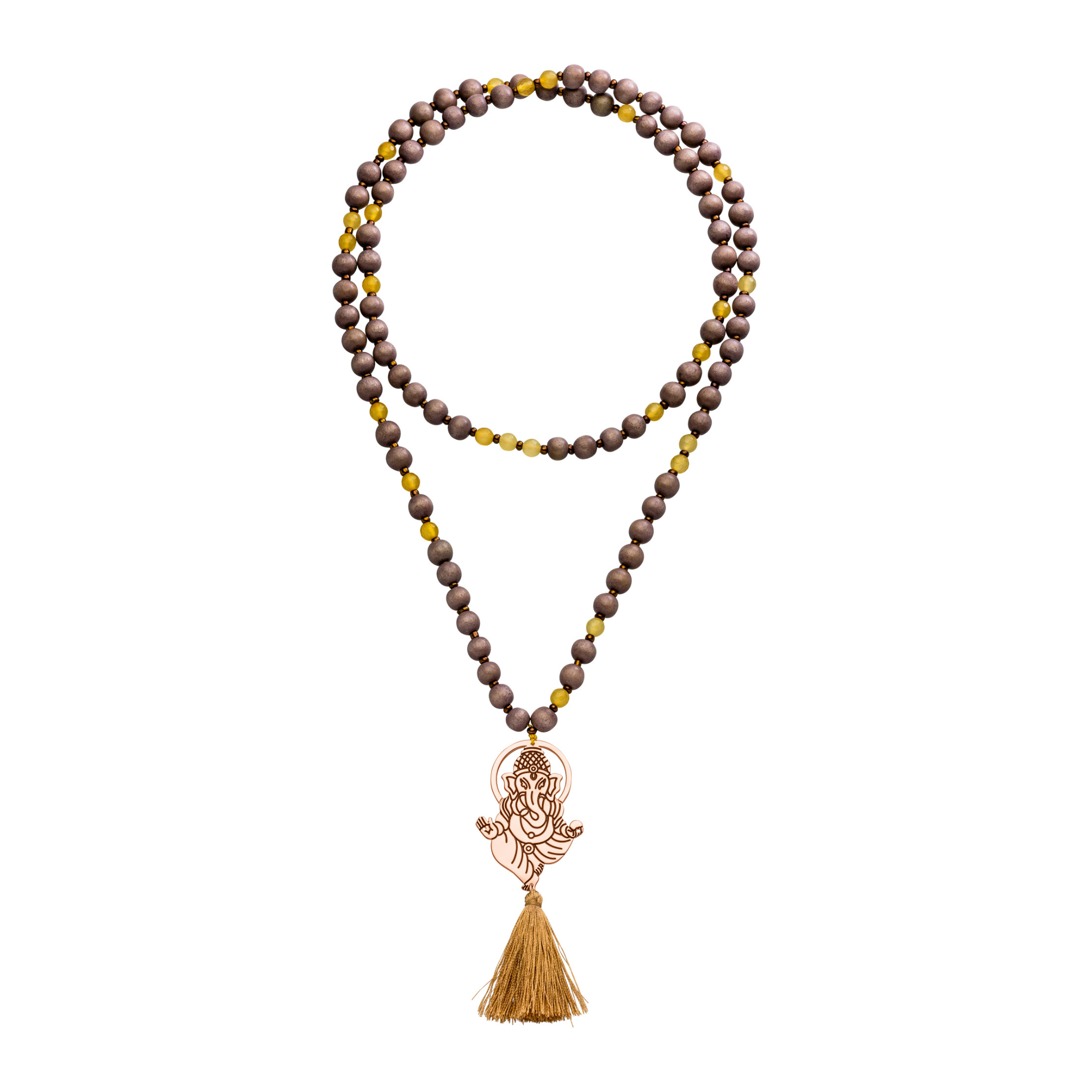 Citrin-Mala mit rosévergoldetem Ganesha-Anhänger – für mehr Stärke, Klarheit und Erdung im Alltag. Handgefertigt & bedeutungsvoll.