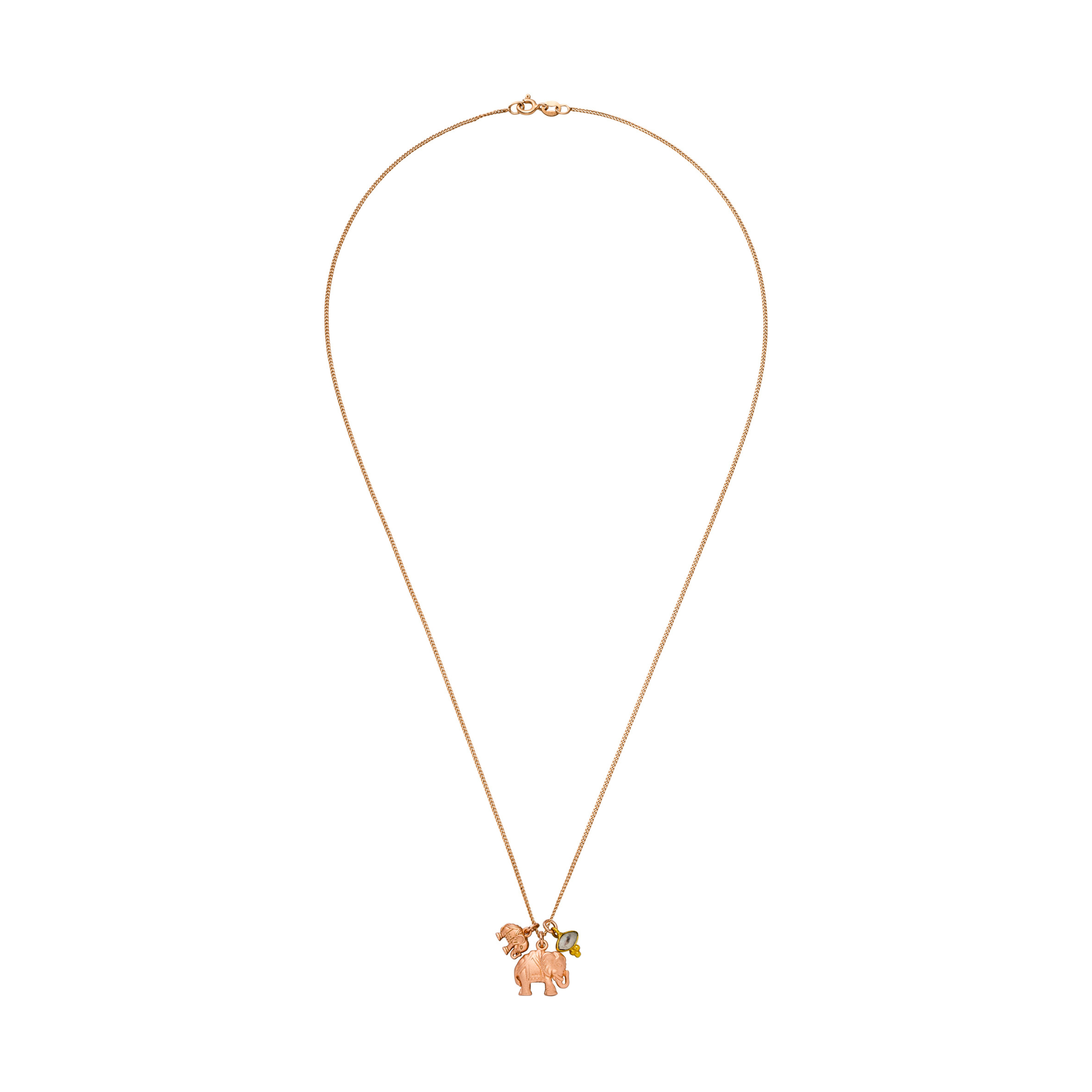 Elefanten Kette „Deep Connection“ aus Sterlingsilber rosé vergoldet, geschliffener Mondstein. Symbol für Verbundenheit, Schutz und inneren Frieden. Länge 50 oder 60 cm.