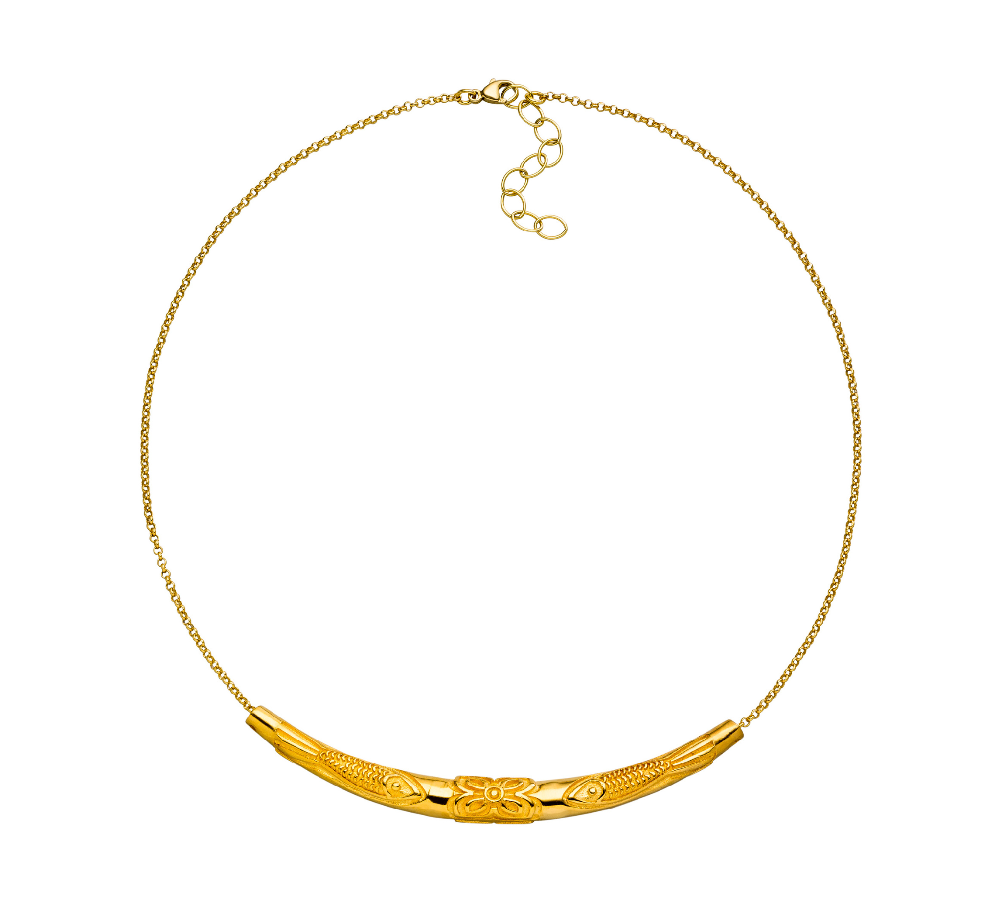 Vergoldeter Fische Choker aus Sterlingsilber: ein spiritueller Glücksbringer für Freiheit, Mut und Leichtigkeit. Kraftvoll, modern und perfekt zum Layern. Verstellbare Länge 38–43 cm.