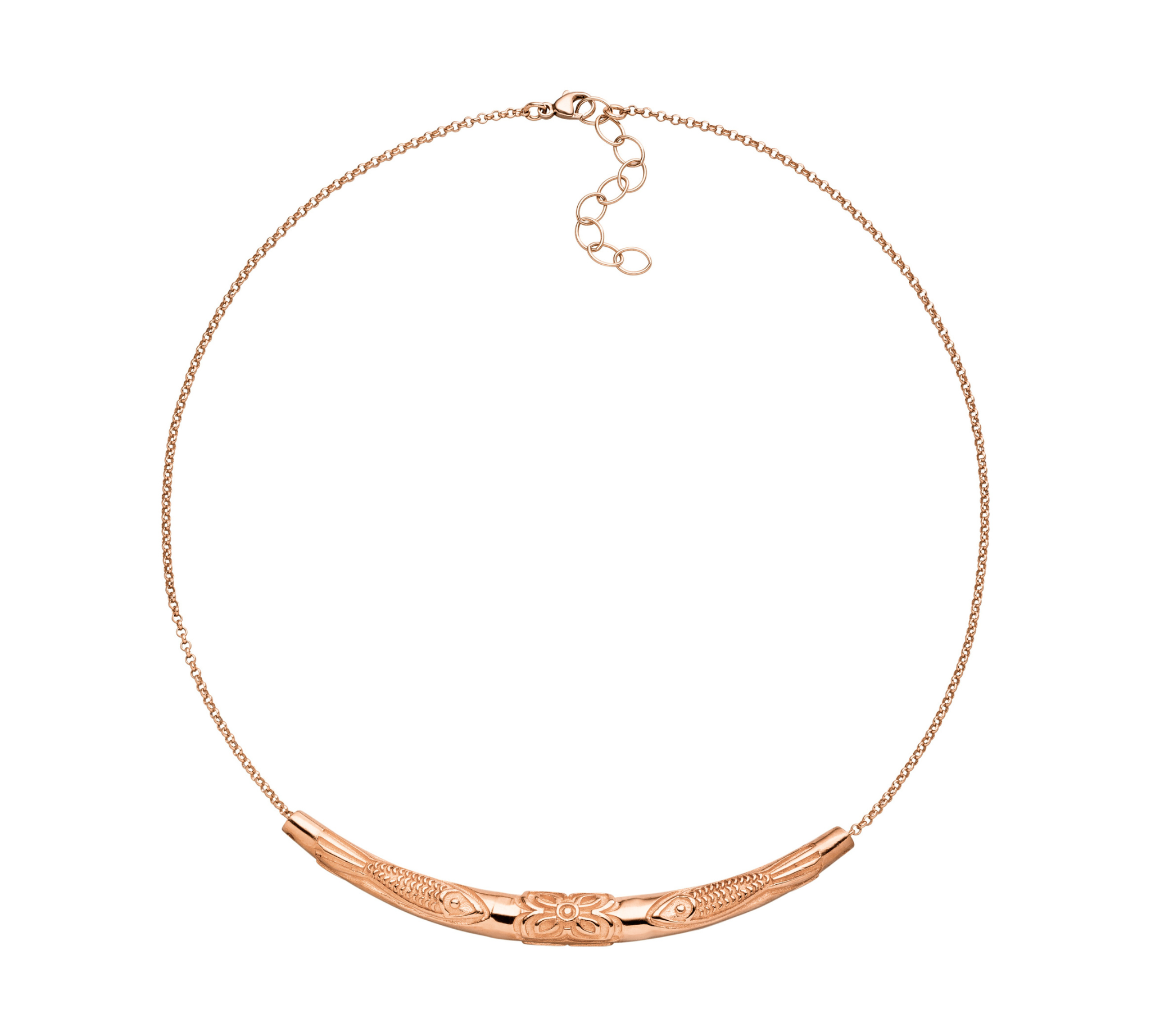 Rosé vergoldeter Fische Choker aus Sterlingsilber: ein spiritueller Glücksbringer für Freiheit, Mut und Leichtigkeit. Kraftvoll, modern und perfekt zum Layern. Verstellbare Länge 38–43 cm.