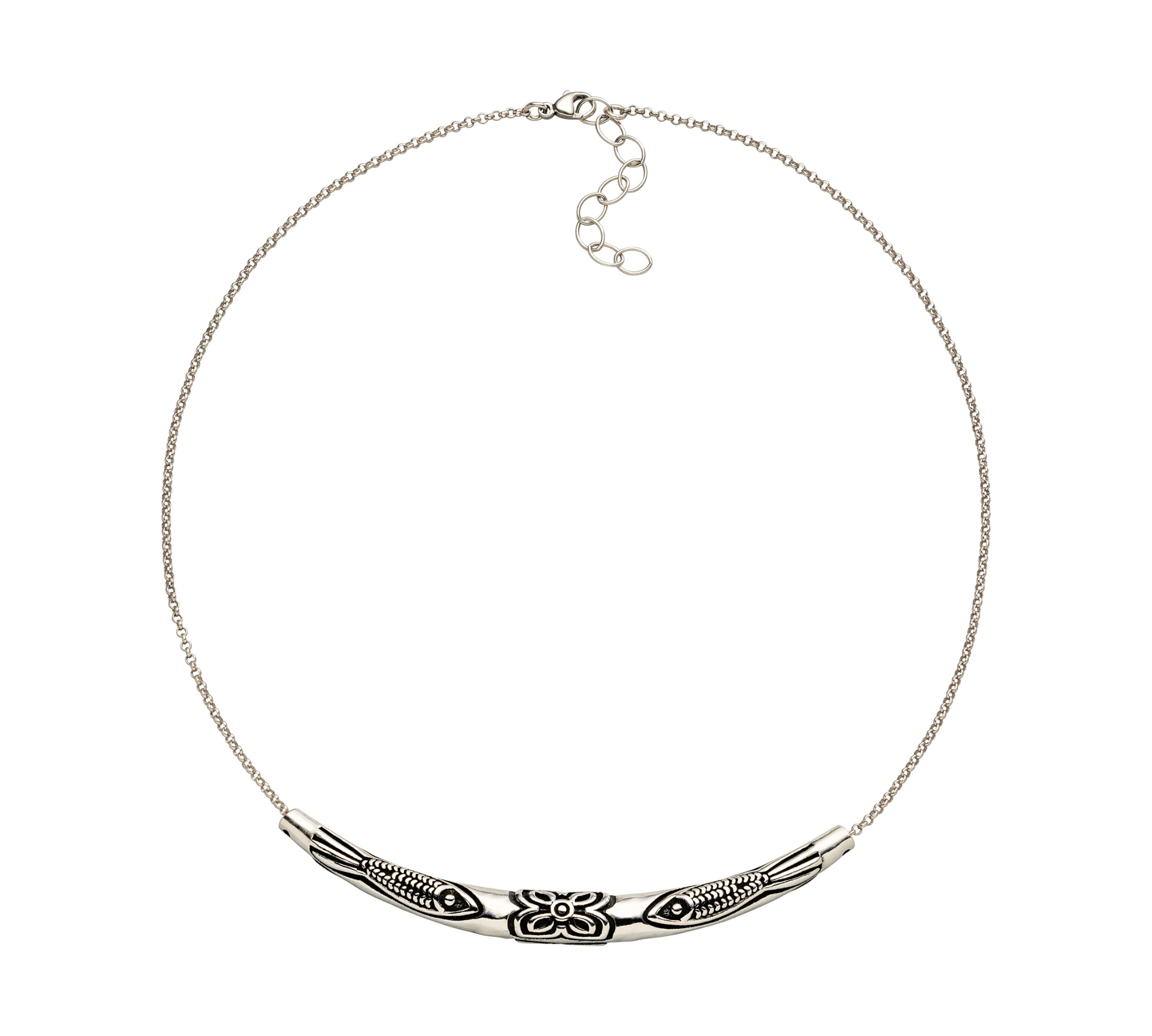 Silberner Fische-Choker „Freiheit & Glück“: ein starkes Symbol für Schutz, Mut und Leichtigkeit. Massives Röhren-Element, verstellbare Länge 38–43 cm.