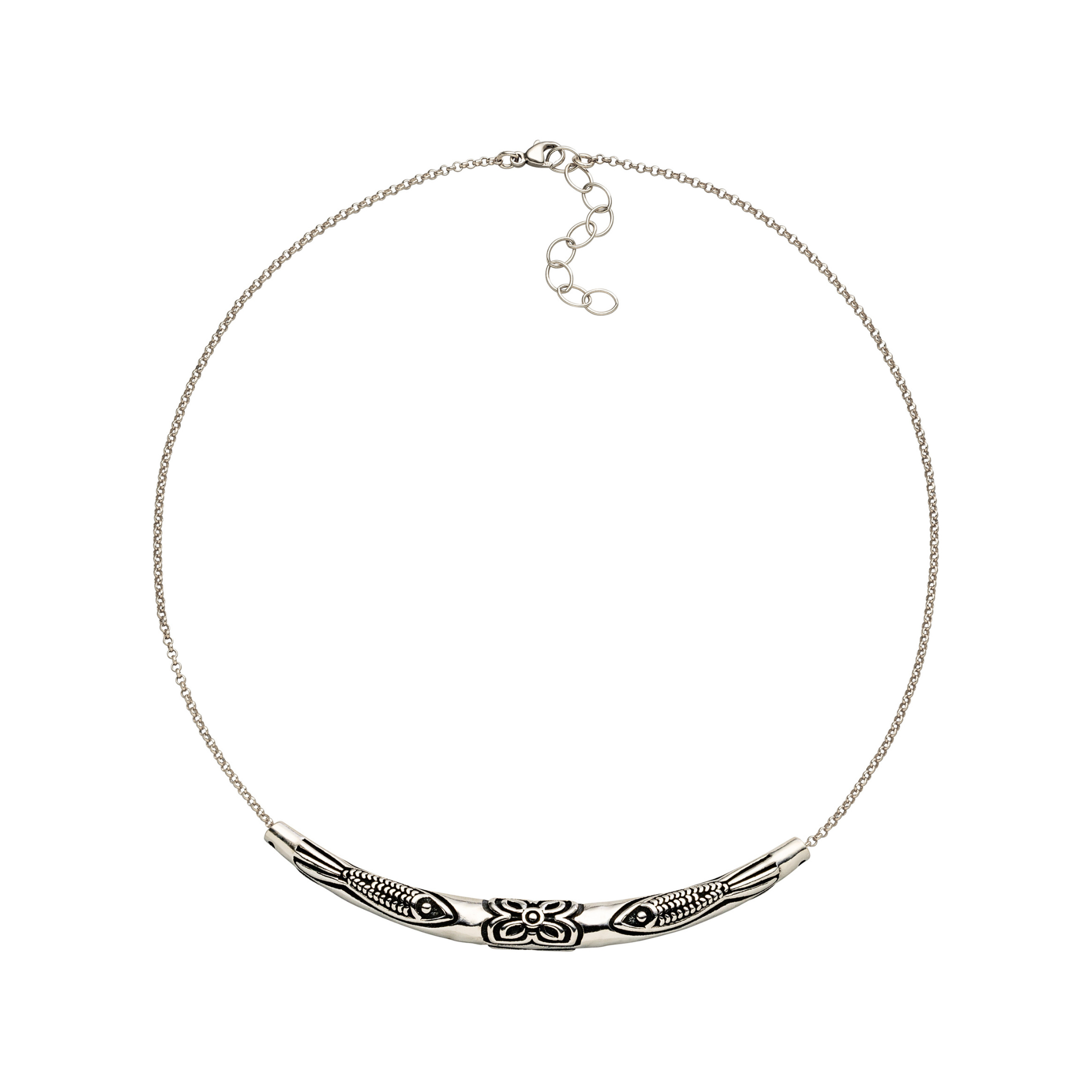 Silberner Fische-Choker „Freiheit & Glück“: ein starkes Symbol für Schutz, Mut und Leichtigkeit. Massives Röhren-Element, verstellbare Länge 38–43 cm.