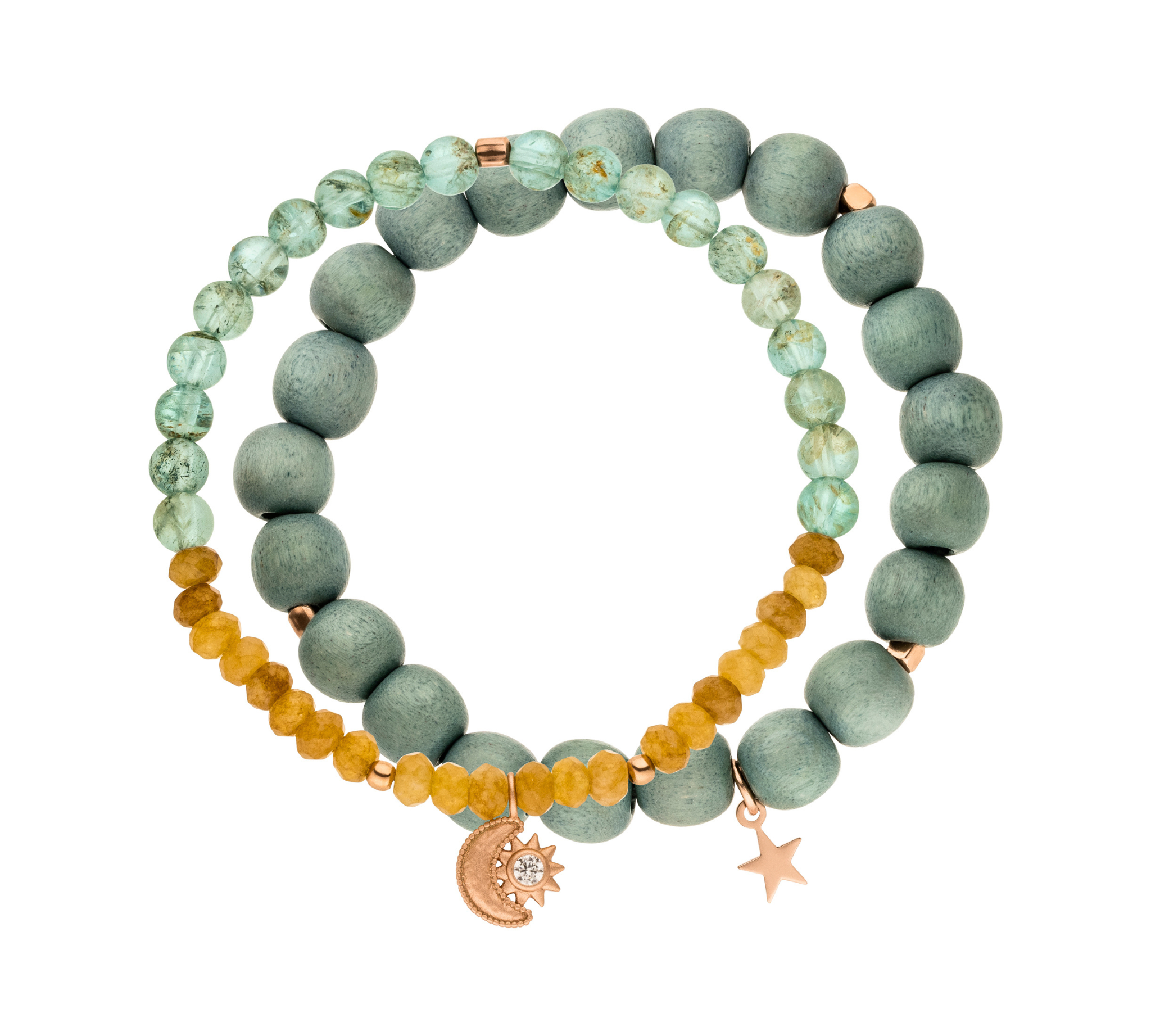 Handmala Set aus Achat, Apatit und Holzperlen. Sonne-Mond-Anhänger für Balance, Stärke und Ruhe. Ein spirituelles Duo für Erdung, Intuition und Leichtigkeit.