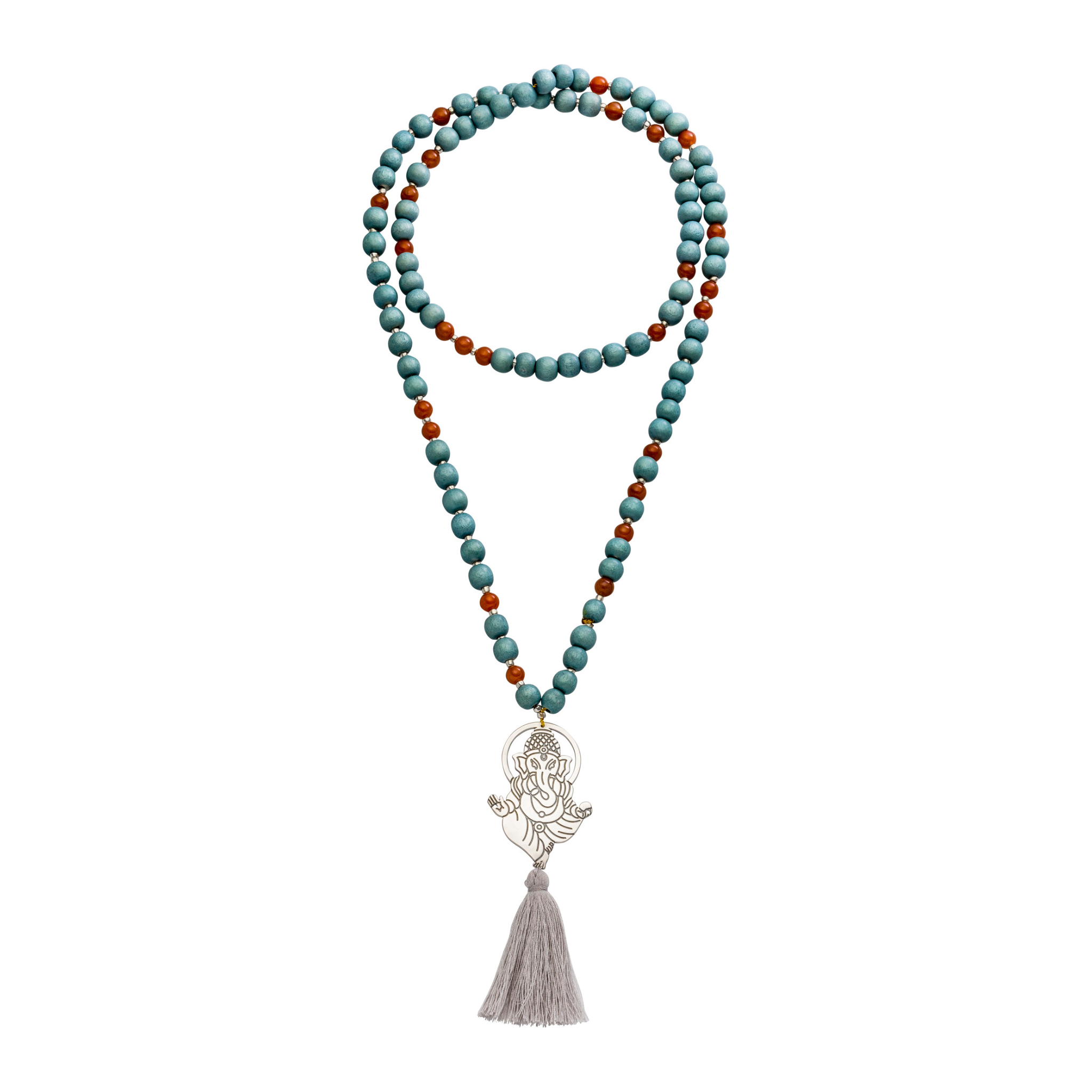 Karneol Mala für Energie & Balance. Holzperlen erden, Ganesha-Silberanhänger stärkt Mut und Neuanfang. Dein spiritueller Power-Begleiter.