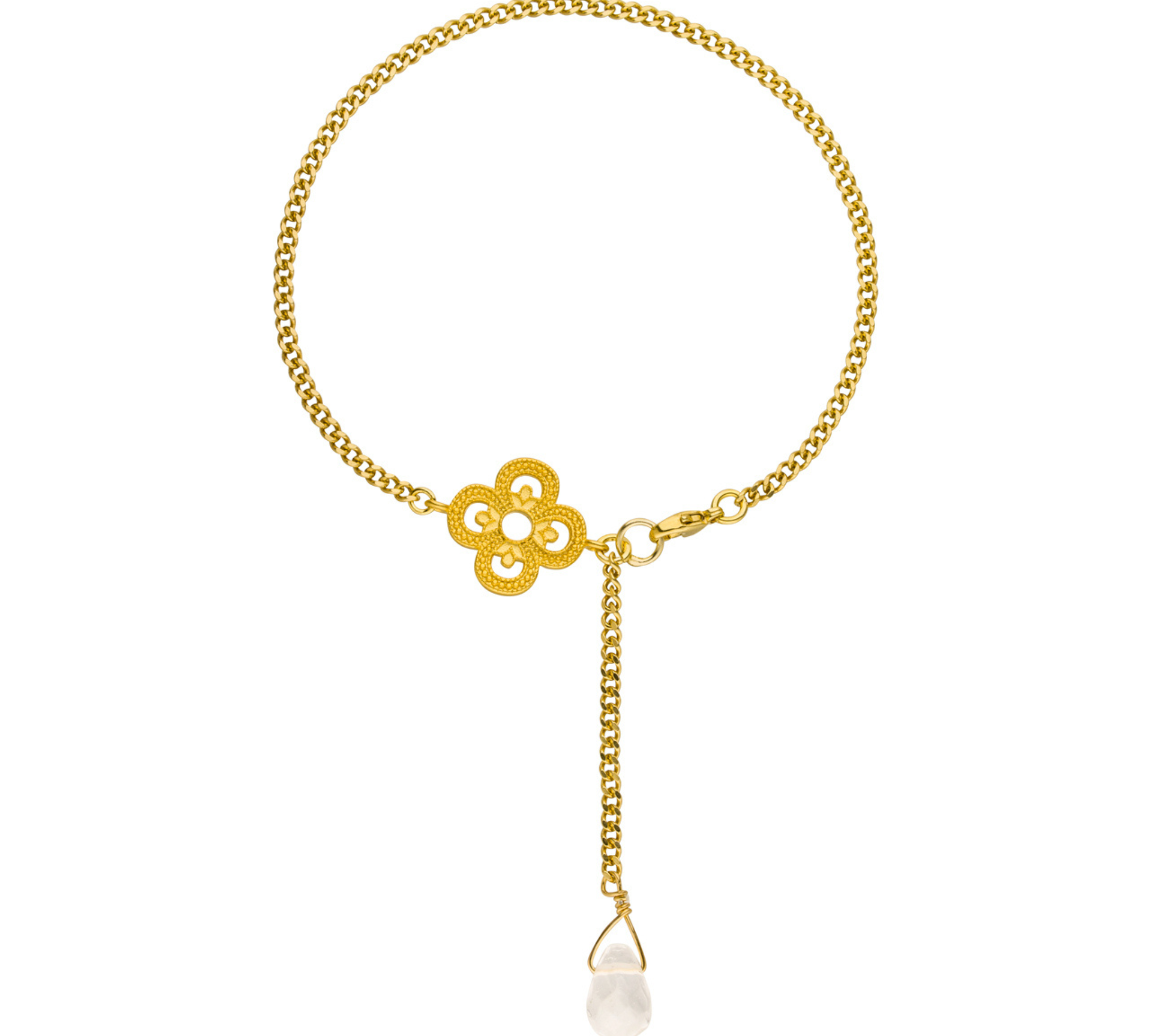 Goldenes Armband mit Kleeblatt Anhänger und Bergkristall Tropfen.