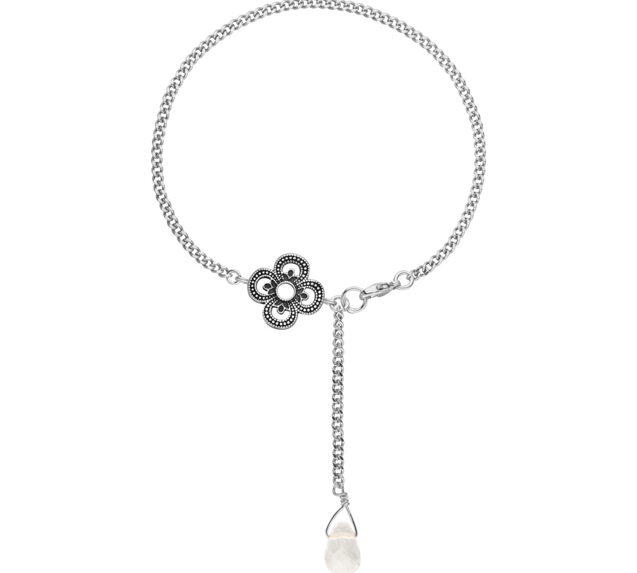 925 Silber Armband mit Kleeblatt Anhänger und hängendem Bergkristall Anhänger.