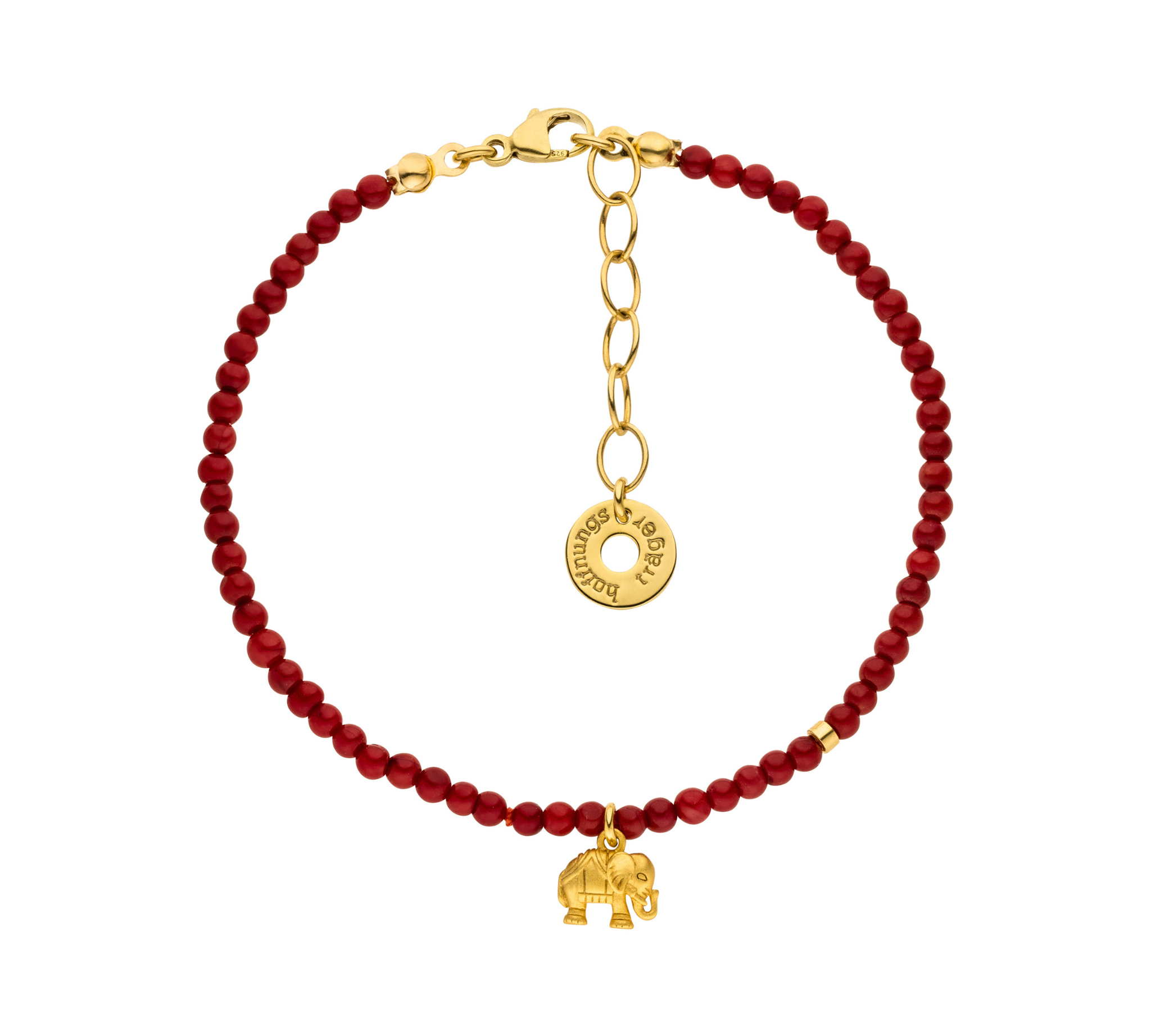 Korallenarmband „Trust“ mit Schutzstein Koralle und vergoldetem Silber-Elefanten – für Vertrauen, Optimismus und innere Stärke. Handgemacht in Hamburg.