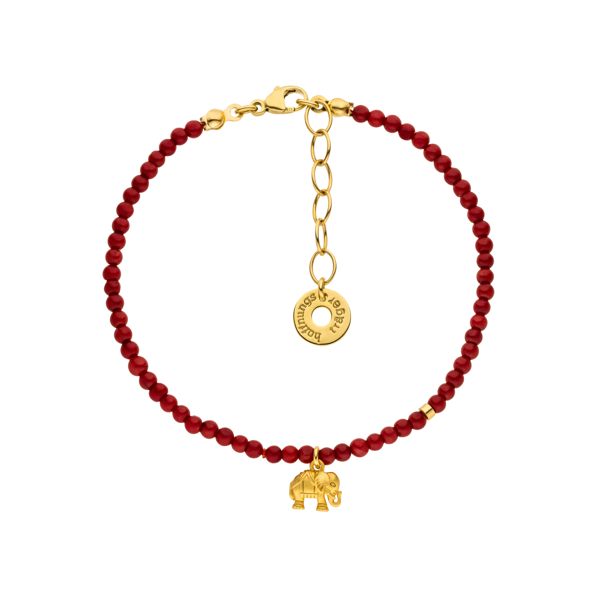 Korallenarmband „Trust“ mit Schutzstein Koralle und vergoldetem Silber-Elefanten – für Vertrauen, Optimismus und innere Stärke. Handgemacht in Hamburg.