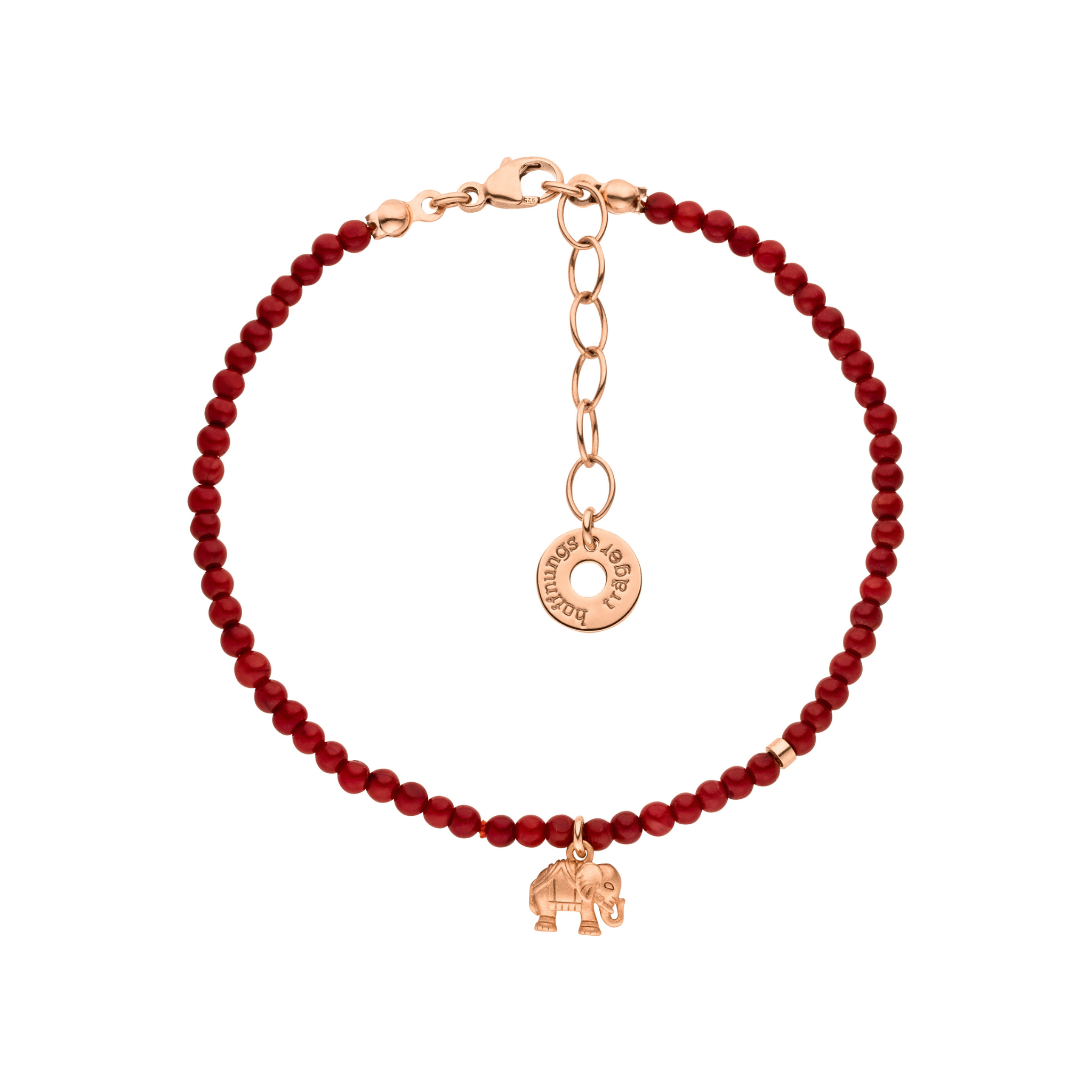 Korallenarmband „Trust“ mit Schutzstein Koralle und  rosé vergoldetem Elefanten aus Sterlingsilber – für Vertrauen, Optimismus und innere Stärke. Handgefertigt in Hamburg.
