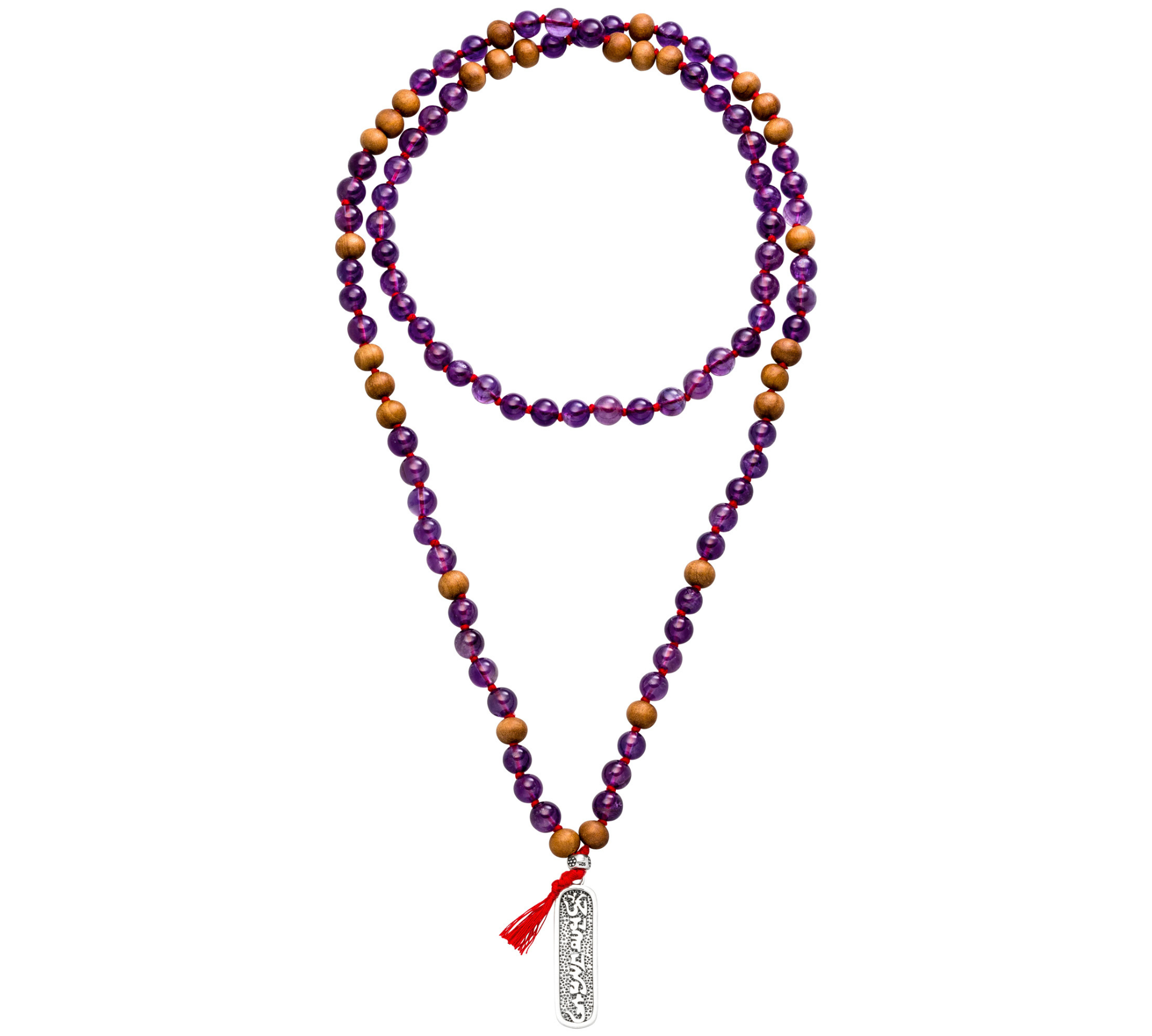 Mala Kette "Achtsamkeit" aus Amethyst Edelsteinen und Sandelholz Perlen. Mit Mantra Anhänger. 90 cm.