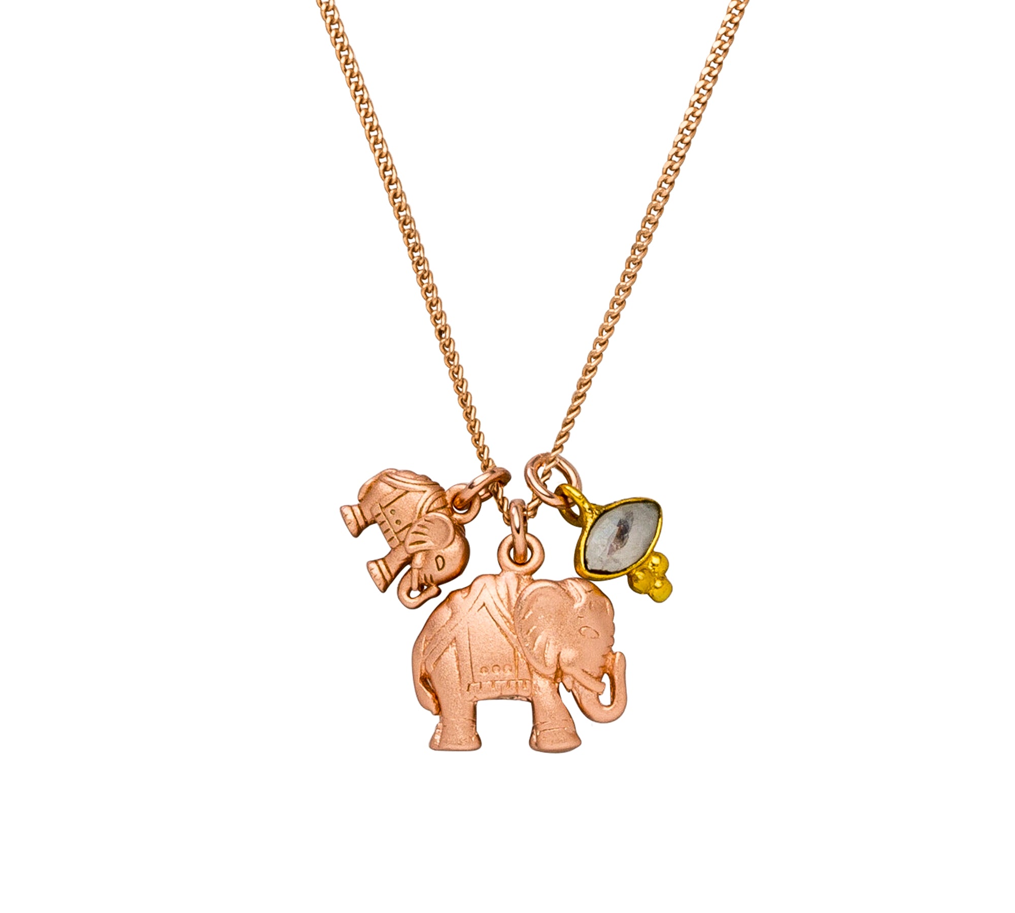 Elefanten Kette „Deep Connection“ aus Sterlingsilber rosé vergoldet, geschliffener Mondstein. Symbol für Verbundenheit, Schutz und inneren Frieden. Länge 50 oder 60 cm.