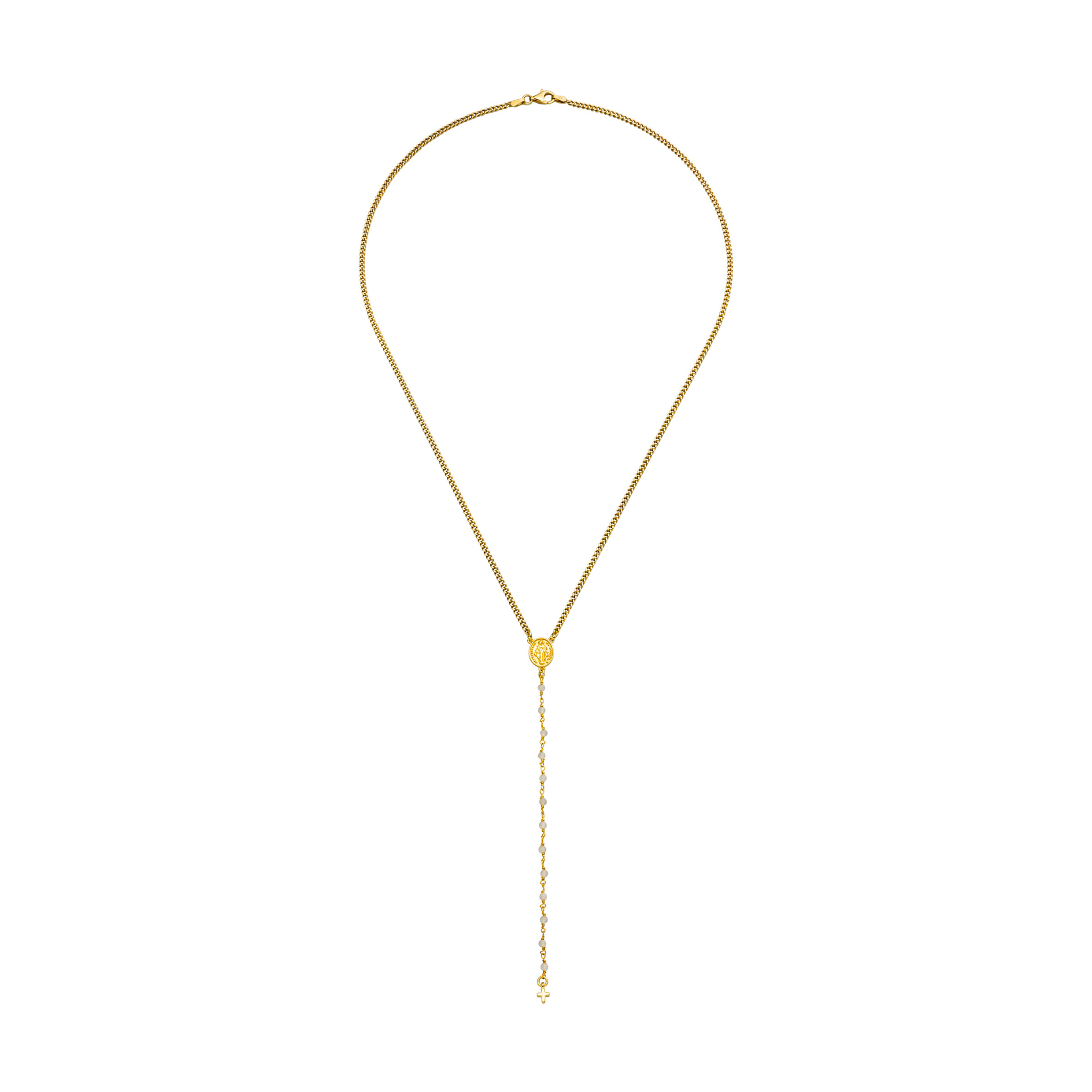 Moderne Rosenkranz-Kette „Prayer“ mit Mondstein und Madonna-Amulett. Ein Schmuckstück voller Schutz, Intuition und innerer Balance für deinen Alltag.