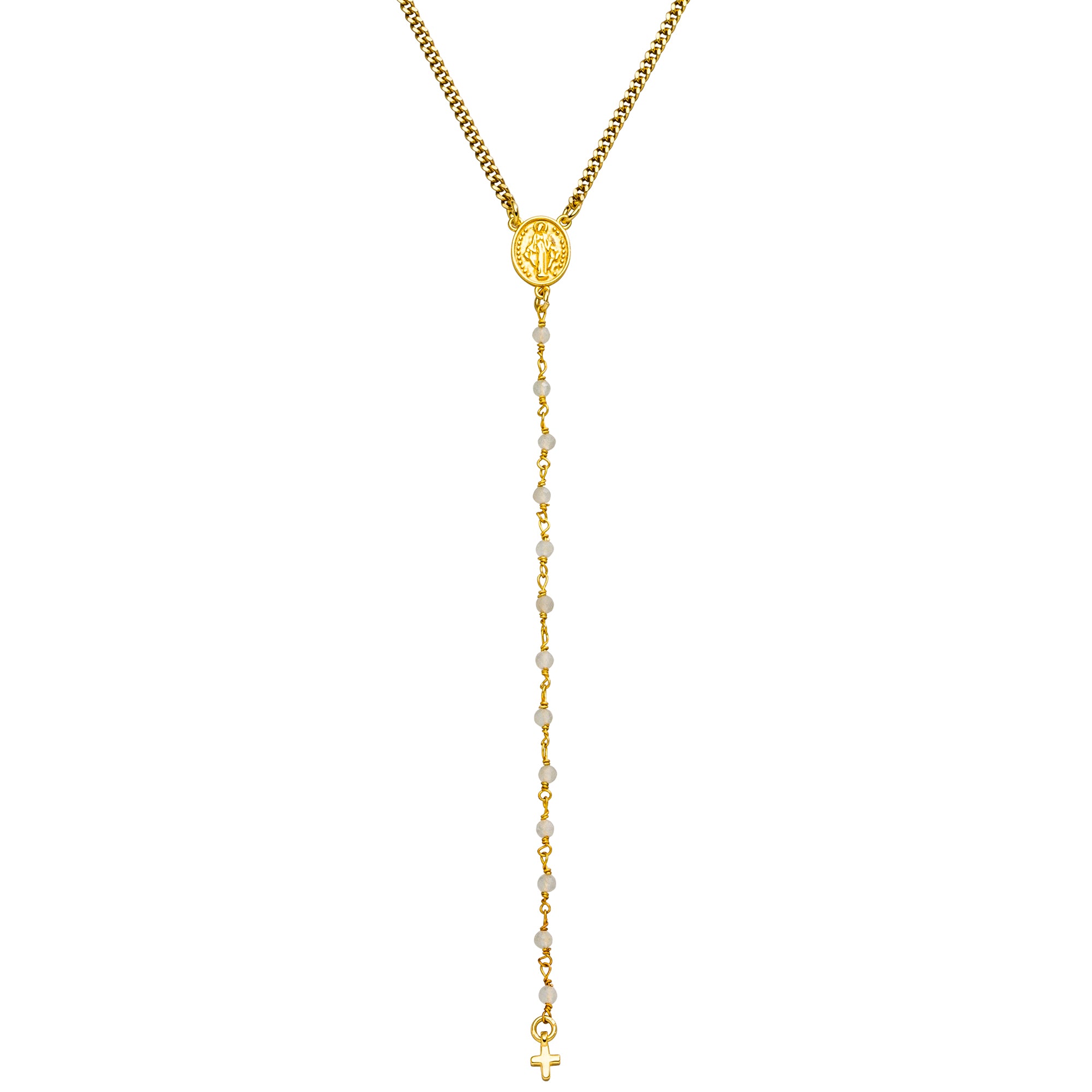 „Prayer“: Moderne Rosenkranz-Kette mit Mondstein, Madonna-Amulett und Kreuz. Ein bedeutungsvoller Begleiter für Intuition, Schutz und innere Stärke.