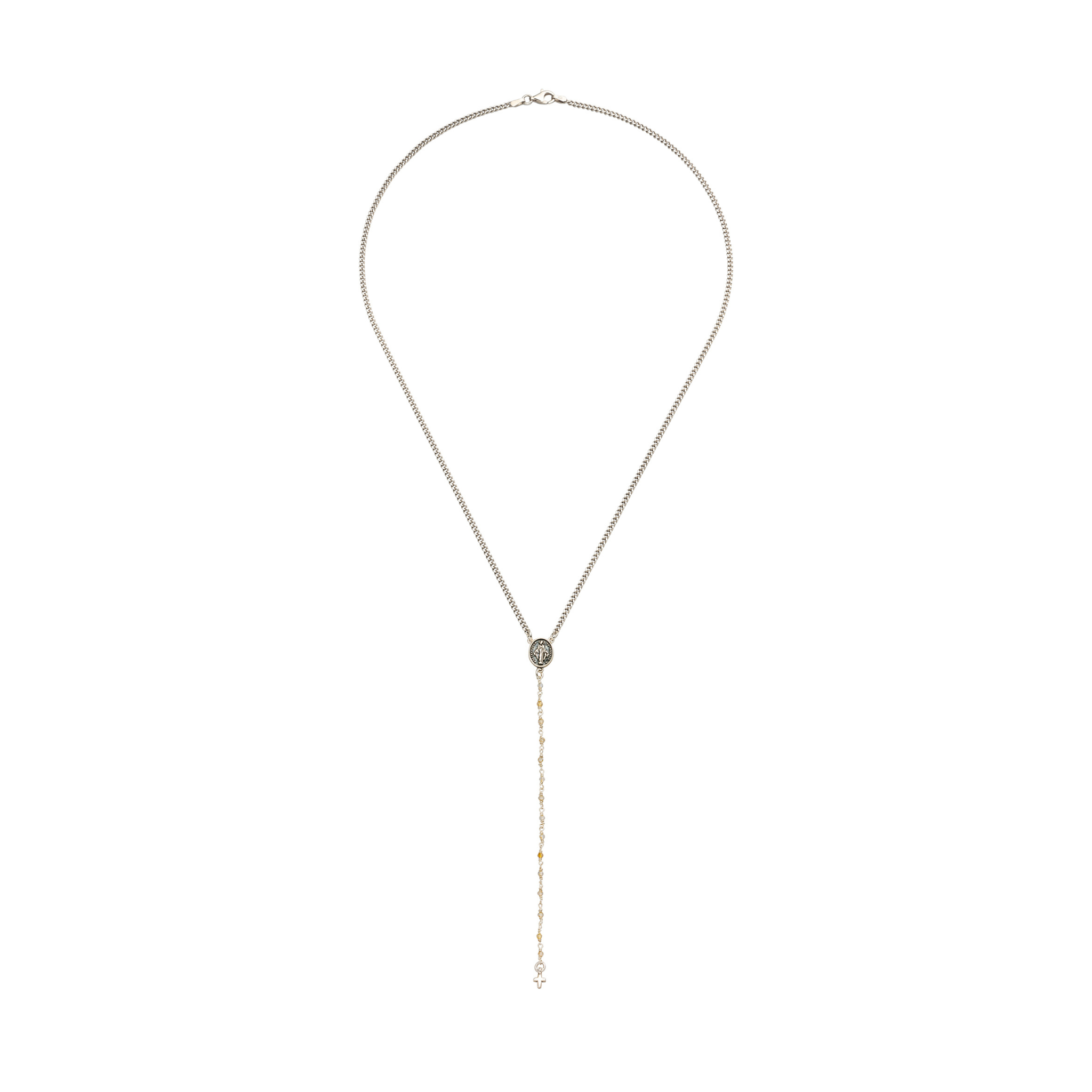 Moderne Rosenkranzkette aus Sterling Silber mit Citrin, Madonna-Amulett & Kreuz. Spirituelles Schmuckstück für Schutz und Klarheit.