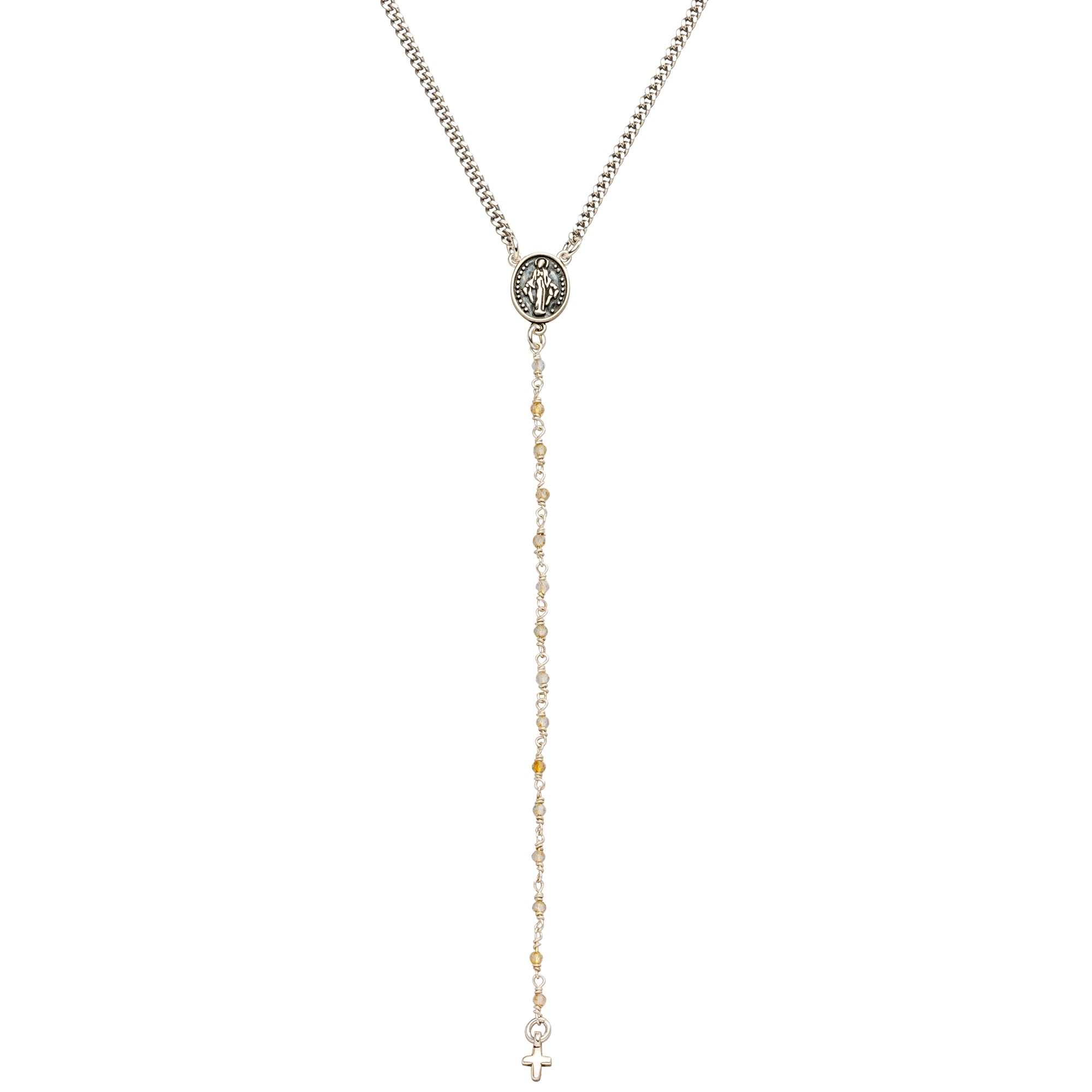 Moderne Rosenkranzkette mit Citrin und Madonna-Amulett. Spiritueller Schmuck für innere Ruhe, Vertrauen und Licht im Alltag.