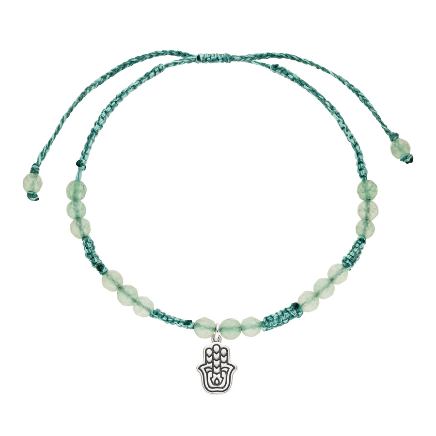 Makramee Armband mit Hamsa Hand in Sterlingsilber und Aventurin Edelsteinen.