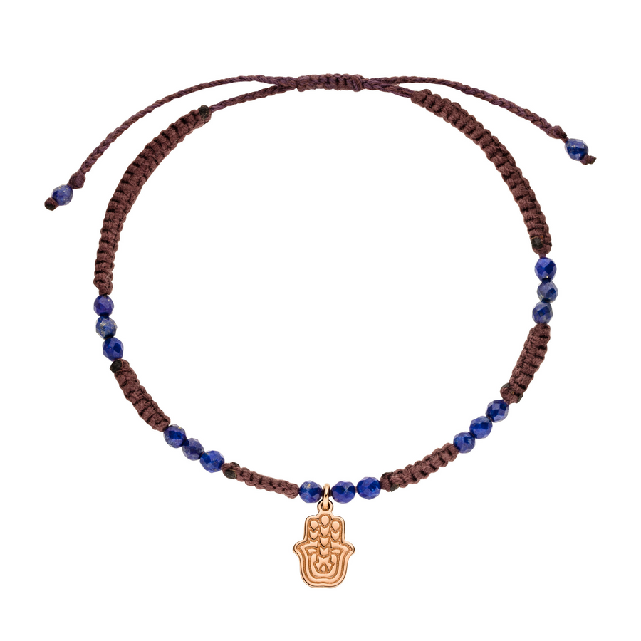 Makramee Armband mit Lapislazuli Edelstein und rosévergoldeter Hamsa Hand Anhänger.