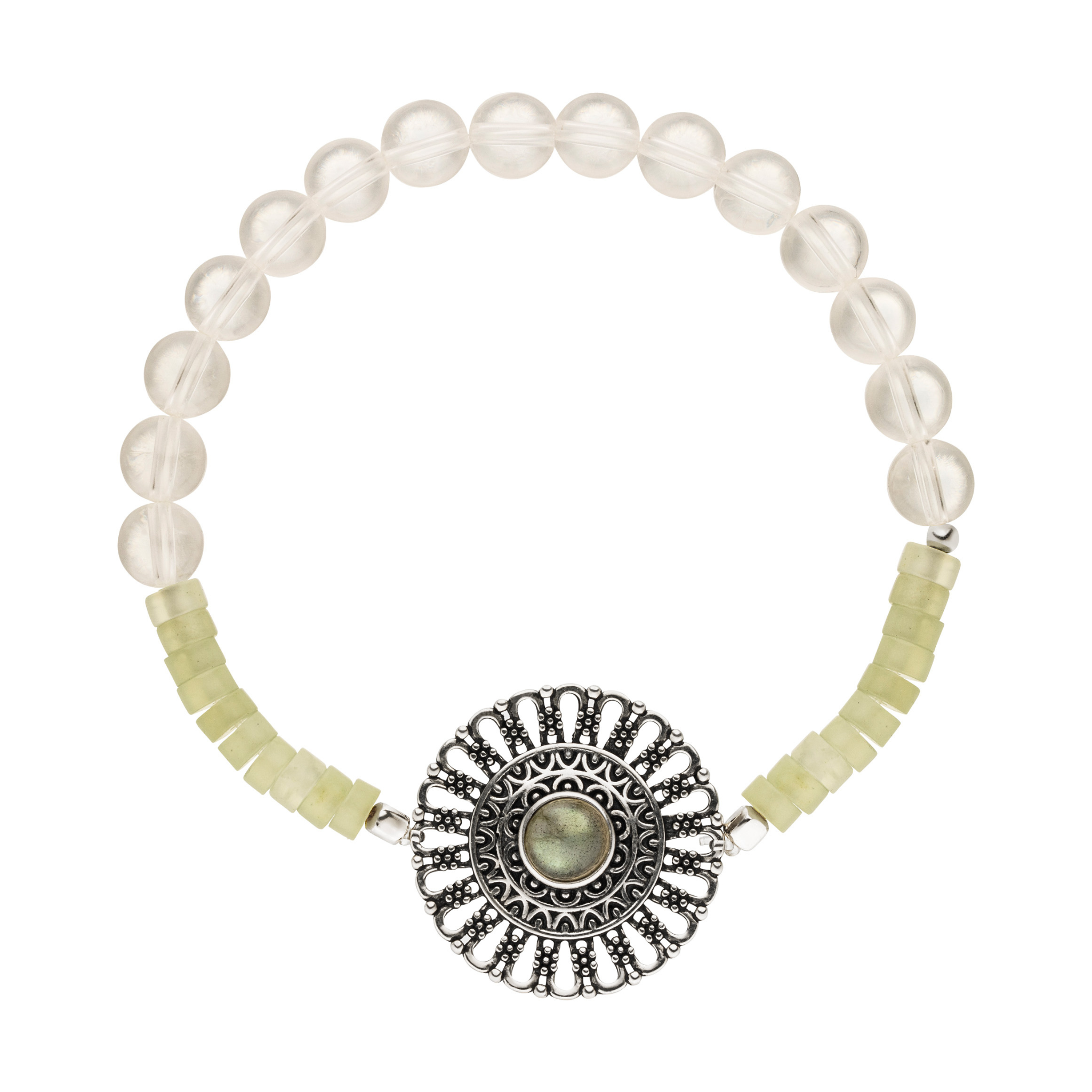 Bergkristall Edelstein Armband mit 925 Silber Mandala Amulett und Labradorit. ca. 17 cm. Stretcharmband.