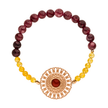 Granat Armband mit rosgoldenem Mandala Anhänger und leuchtenden Citrin Edelsteinen. Stretch-Armband. Ca. 17 cm. 