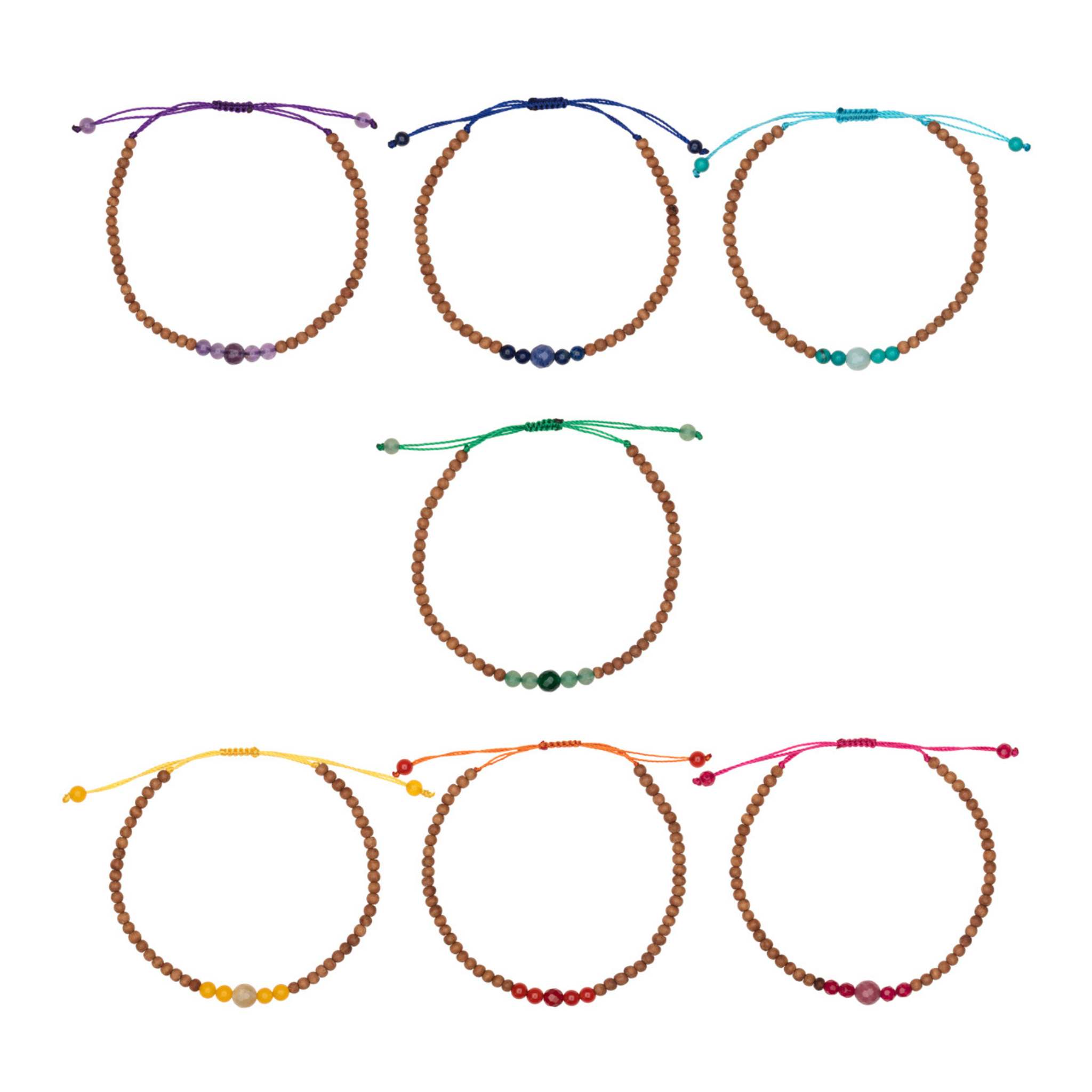 Chakra Armbänder mit Halbedelsteinen und Sandelholz Perlen für alle Chakren.