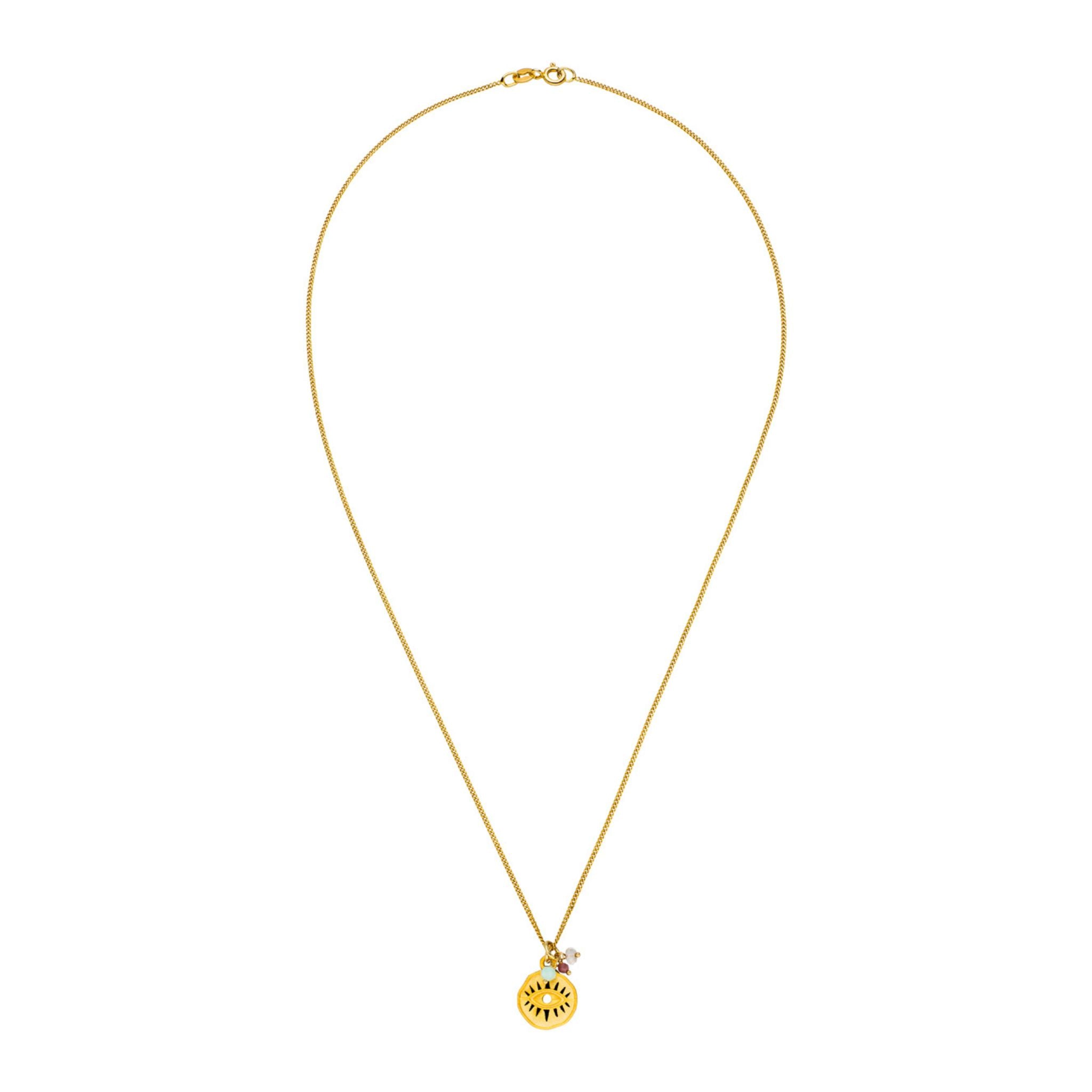 Goldene Auge Kette 925 Silber 18K vergoldet. Mit drei Edelsteinen. 45 cm lang. Schutz vor dem bösen Blick.