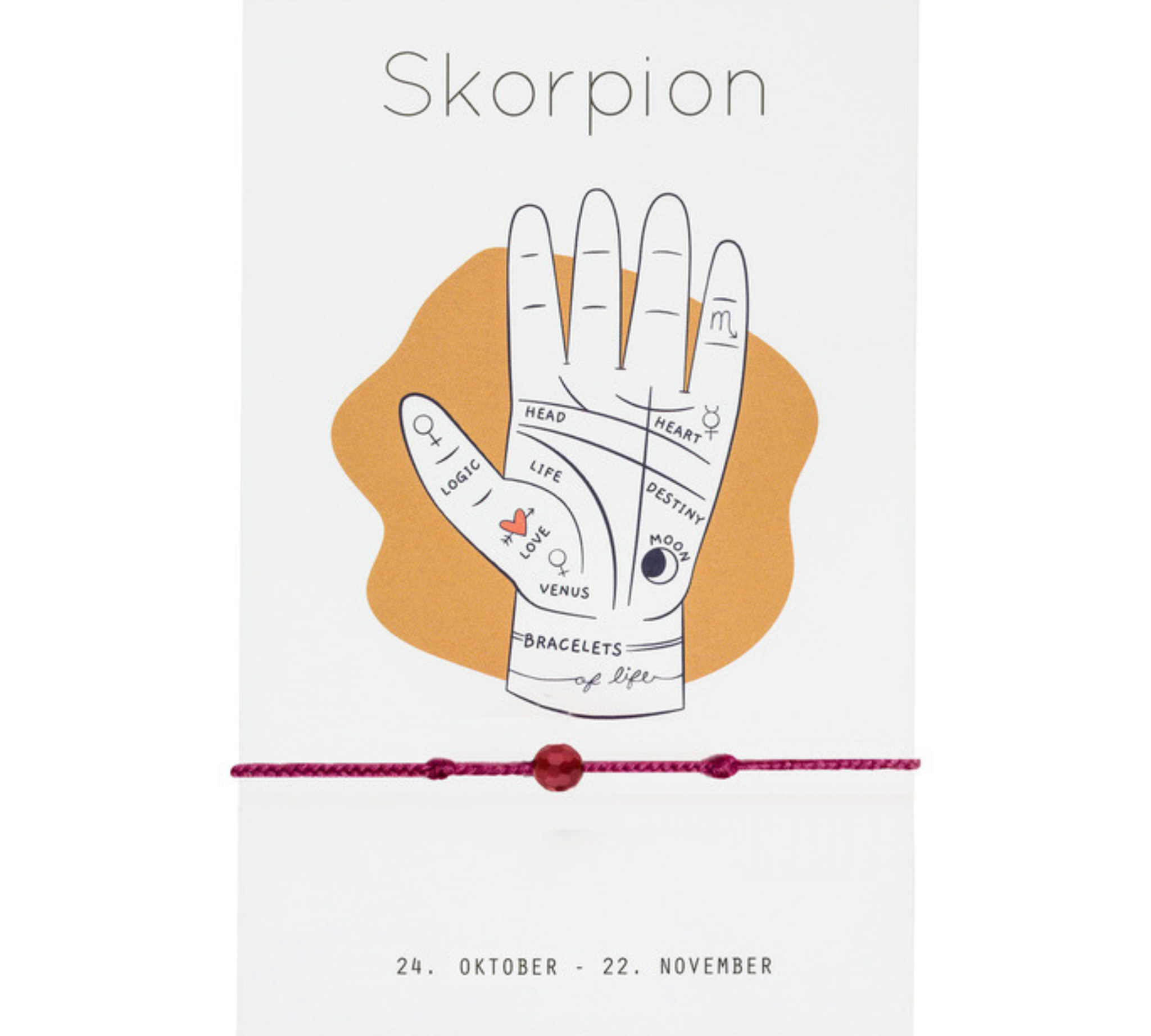 Größenverstellbares Sternzeichen Armband für Skorpion mit Karneol Stein, sowie erklärender Karte. Skorpion Geschenk!