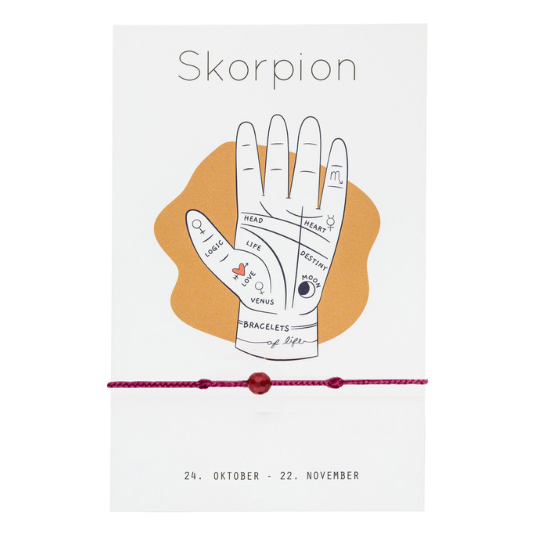 Größenverstellbares Sternzeichen Armband für Skorpion mit Karneol Stein, sowie erklärender Karte. Skorpion Geschenk!