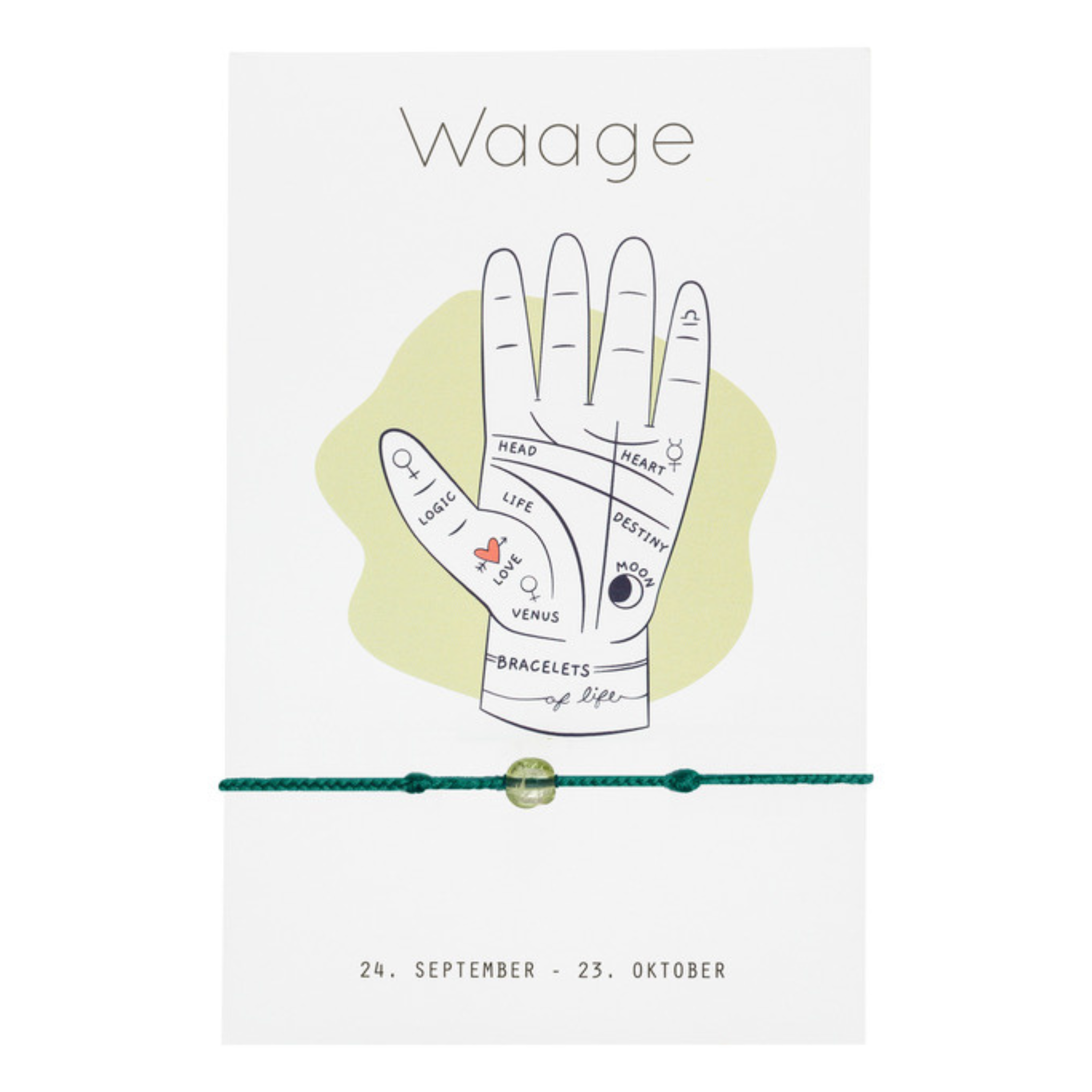 Als Waage bist du sinnlich, charmant & gerecht. Sternzeichen Armband Waage mit Peridot Stein, sowie erklärender Karte. 
