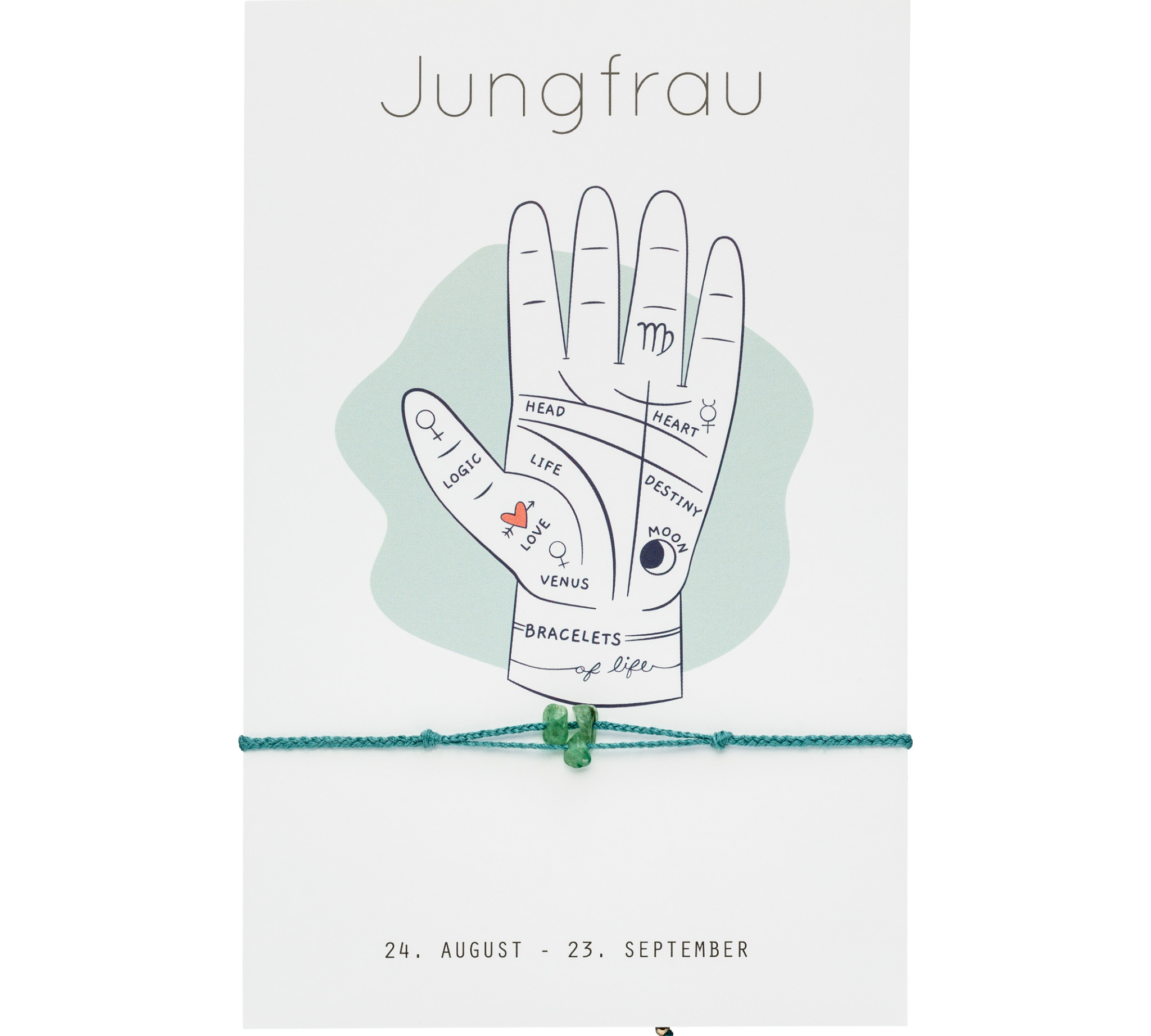 Sternzeichen Armband Jungfrau mit drei Jade Edelsteinen. Für alle Handgelenke passend. Größenverstellbar.