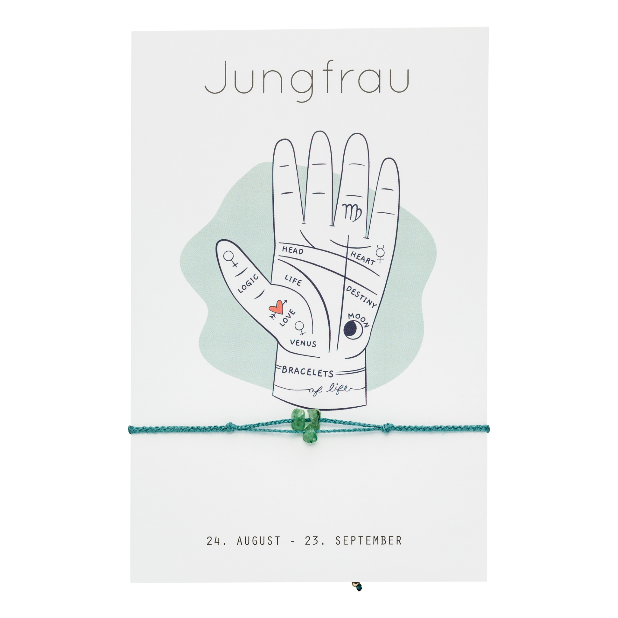 Sternzeichen Armband Jungfrau mit drei Jade Edelsteinen. Für alle Handgelenke passend. Größenverstellbar.