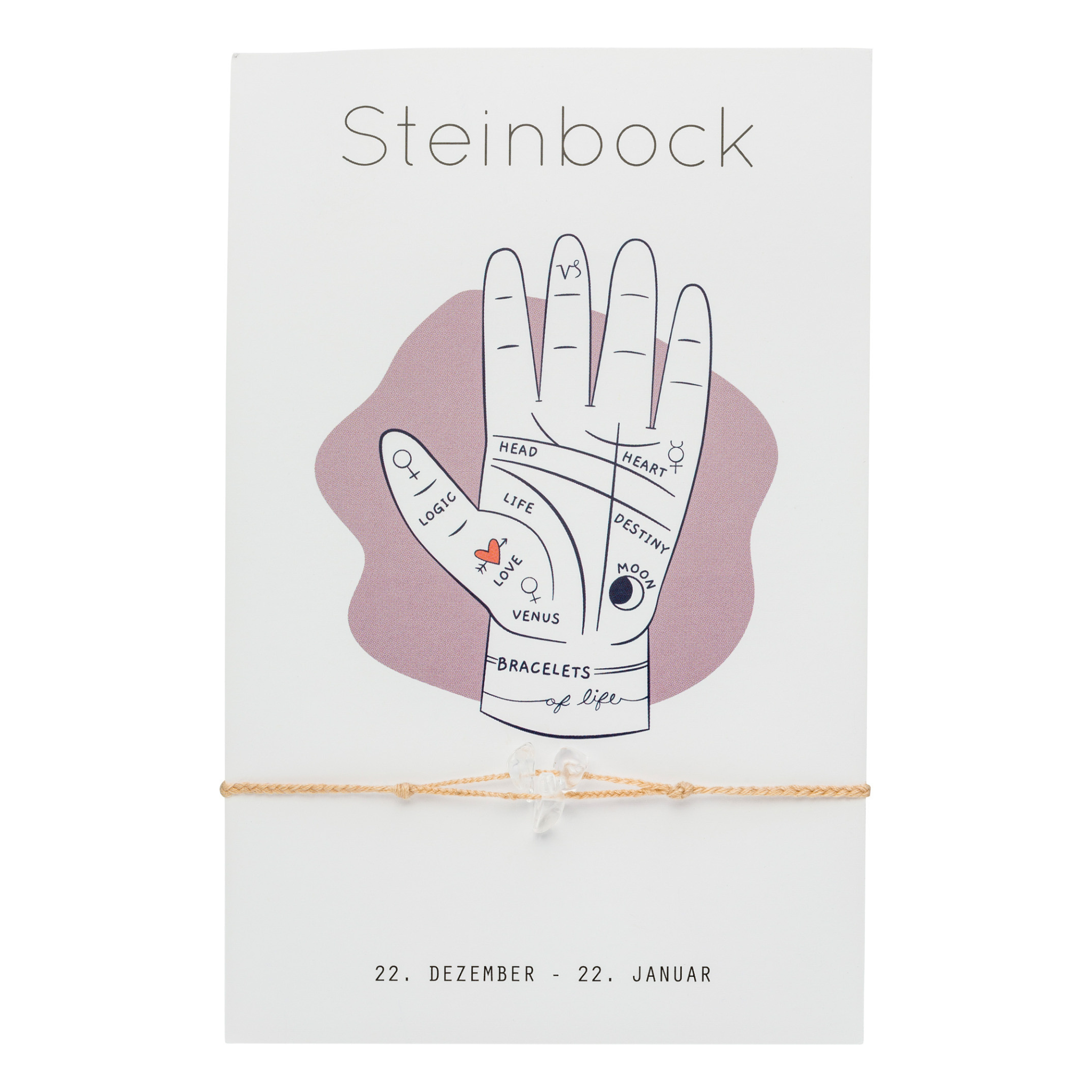 Sternbzeichen Armband Steinbock mit drei Bergkristall Steinen. Passend für fast jedes Handgelenk, da größenverstellbar.