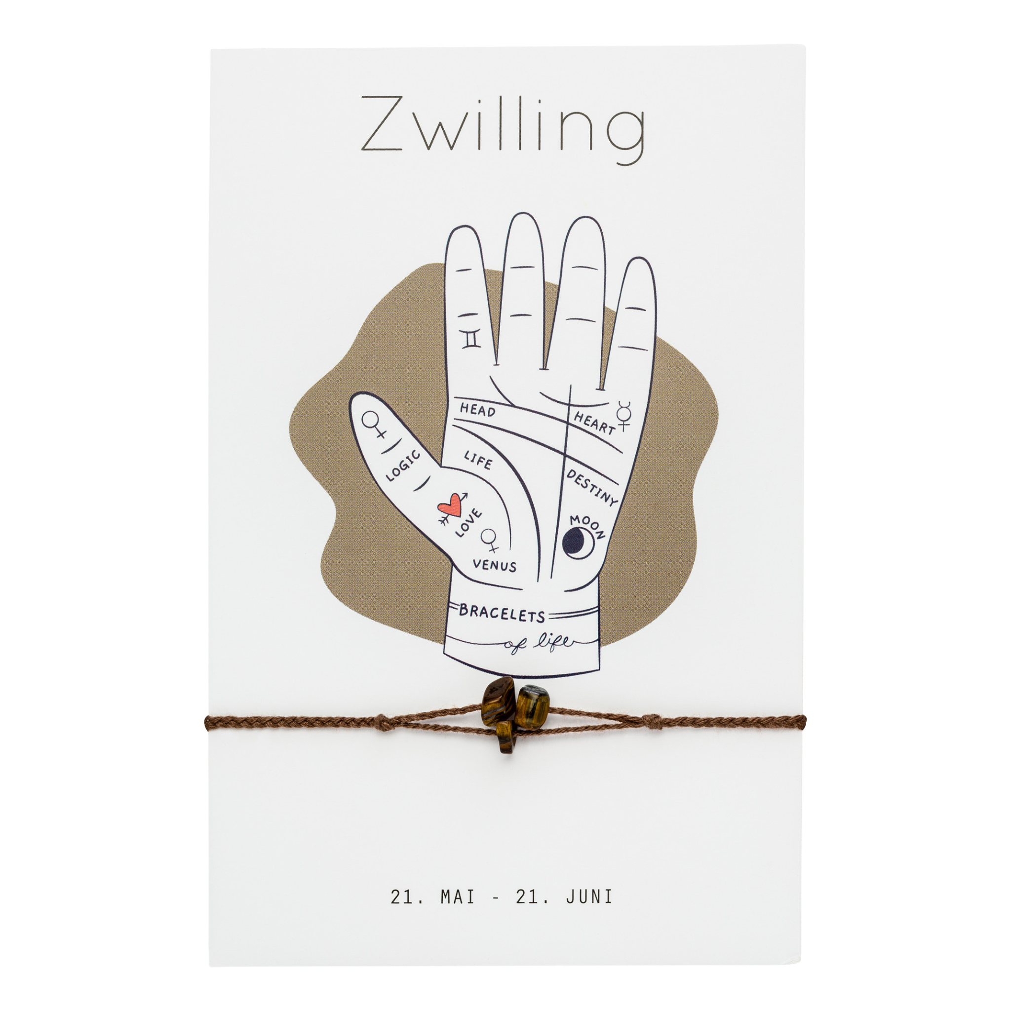 Sternzeichen Armband Zwillinge mit Tigerauge Edelsteinen. Größenverstellbares Band.